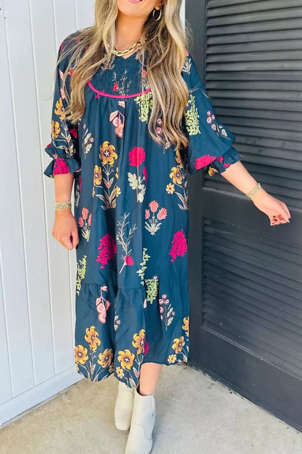 Floral Print Gathered Neckline 7/8 Sleeve Casual Midi Dress