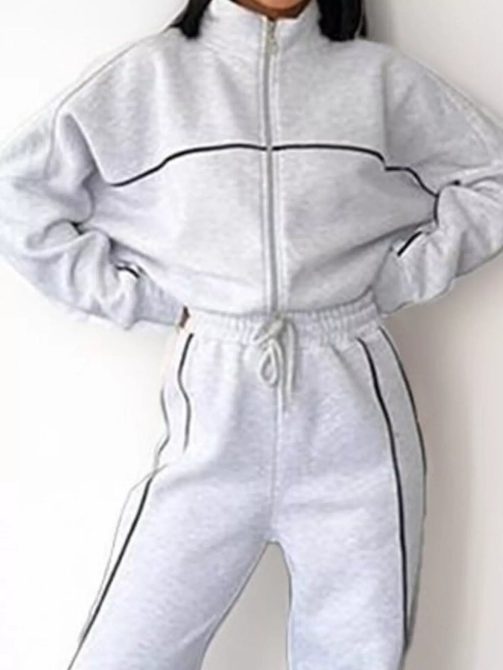 Full Size Zip Up Long Sleeve Top and Pants Set Plus Size