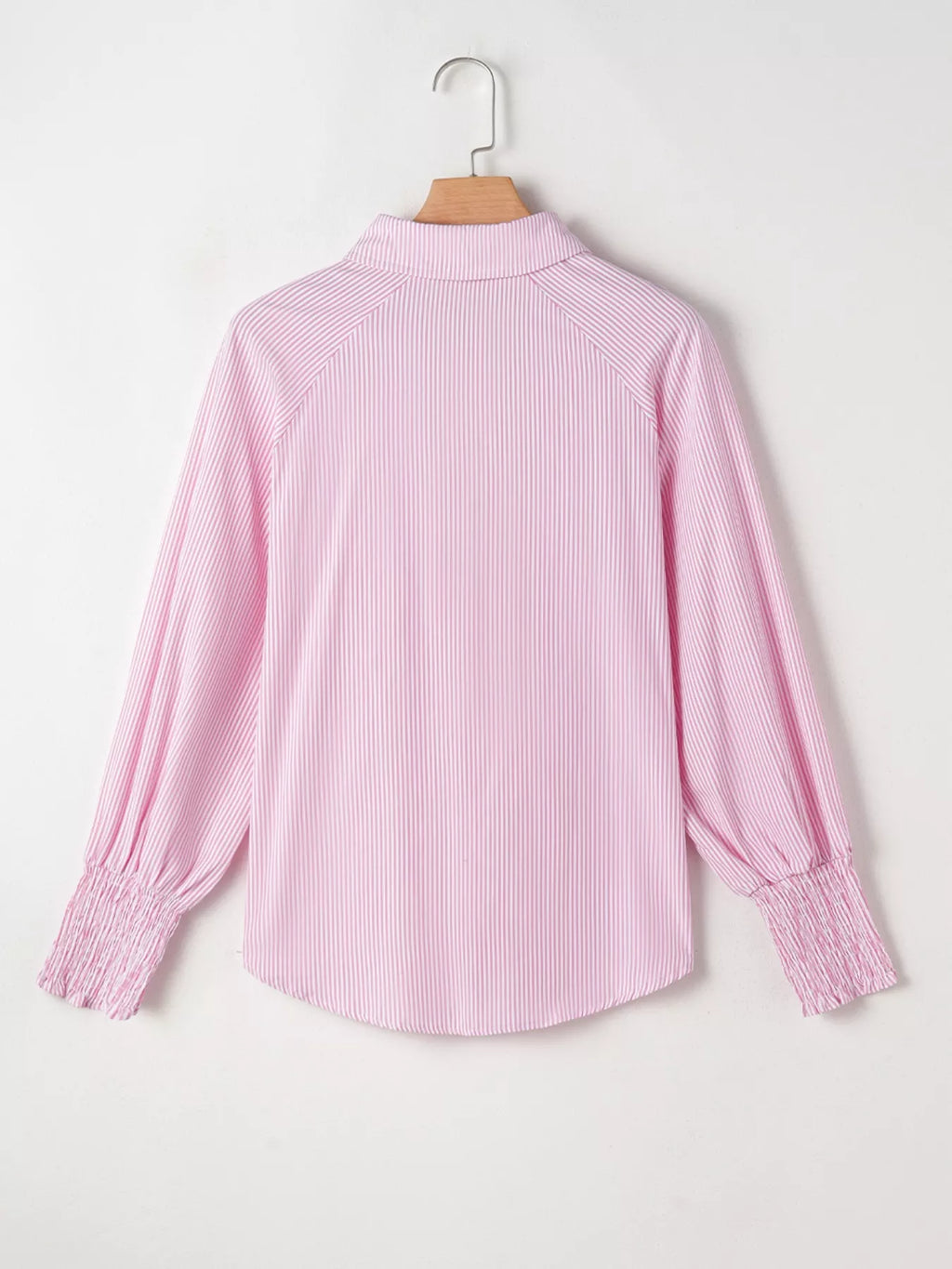 Pinstripe Long Sleeve Smocked Cuffs Button Shirt Collar Blouse