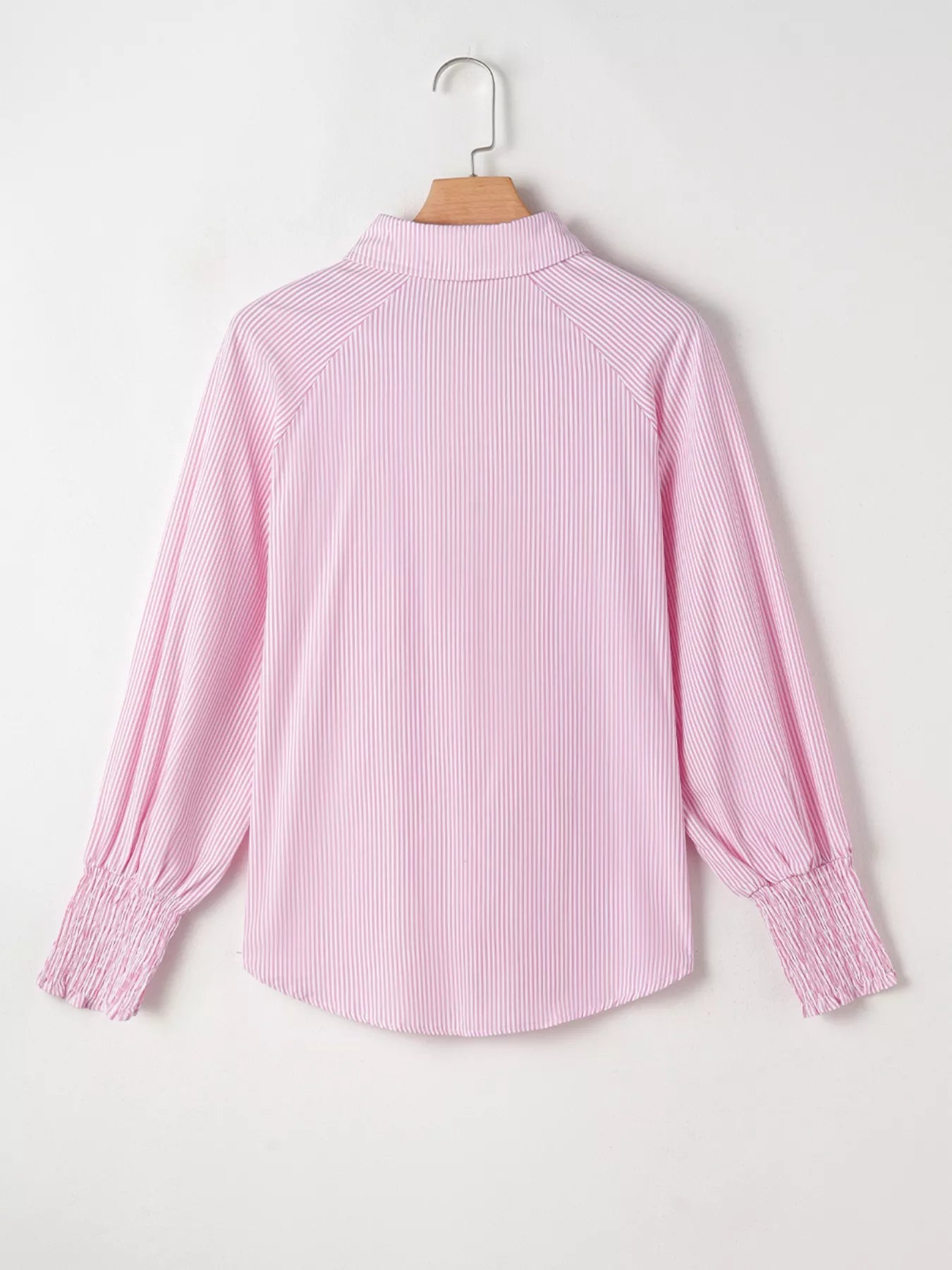 Pinstripe Long Sleeve Smocked Cuffs Button Shirt Collar Blouse