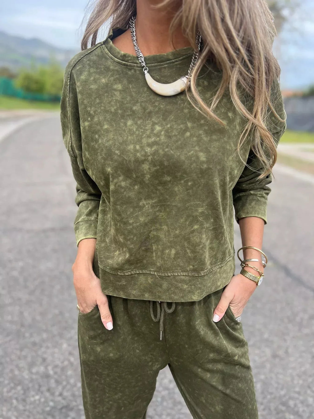 Full Size Washed Round Neck Top and Drawstring Pants Set Plus Size