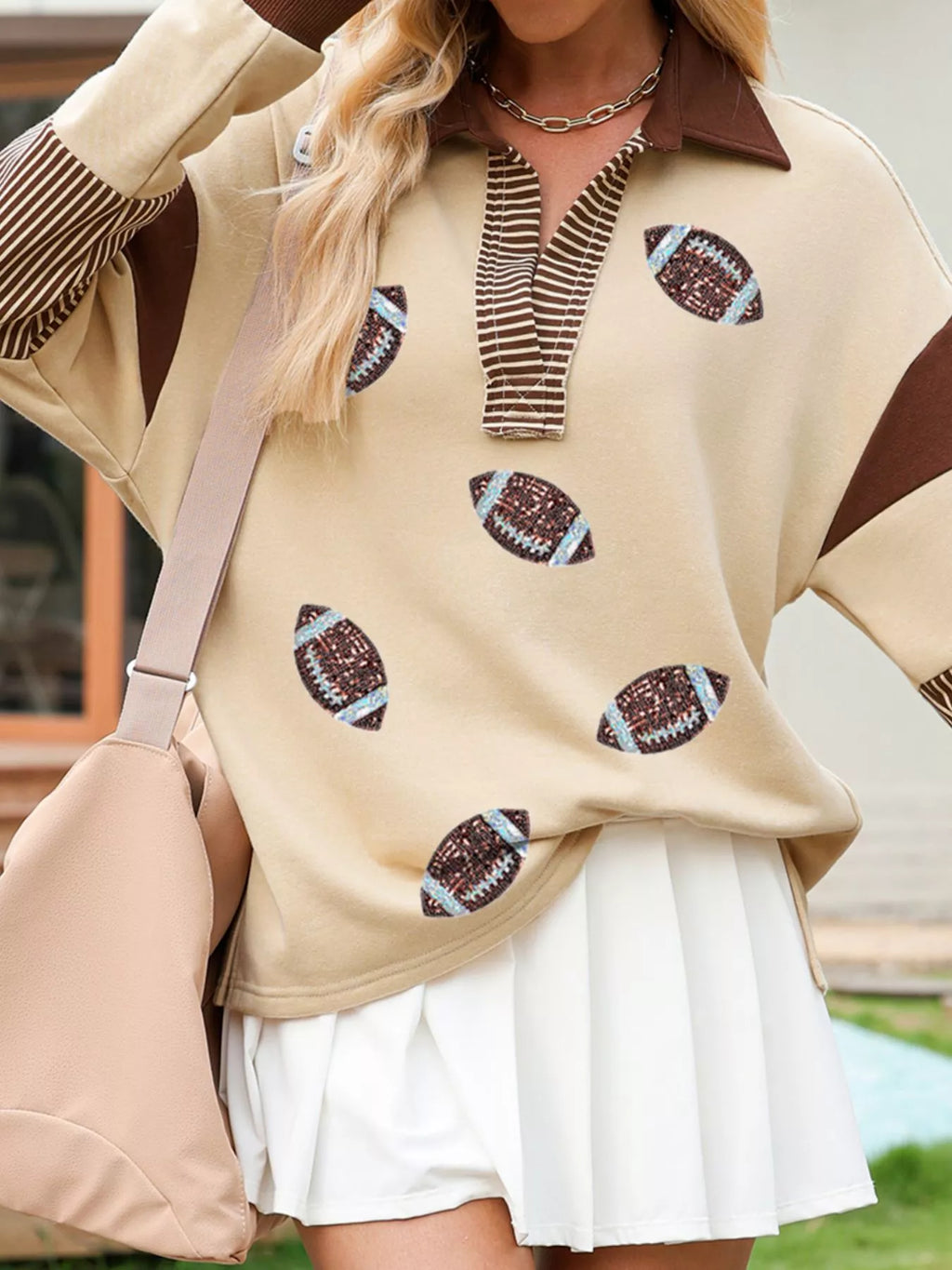 Color Block Striped Patchwork Sequin Rugby Graphic Polo Sweatshirt