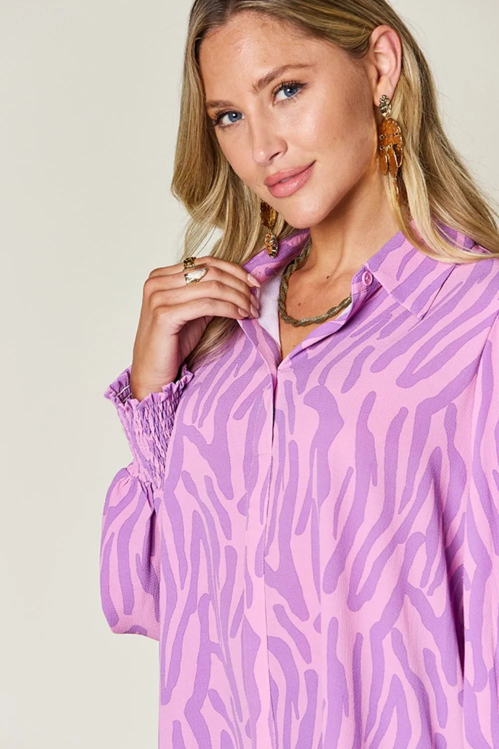Double Take Full Size Printed Smocked Long Sleeve Blouse Plus Size