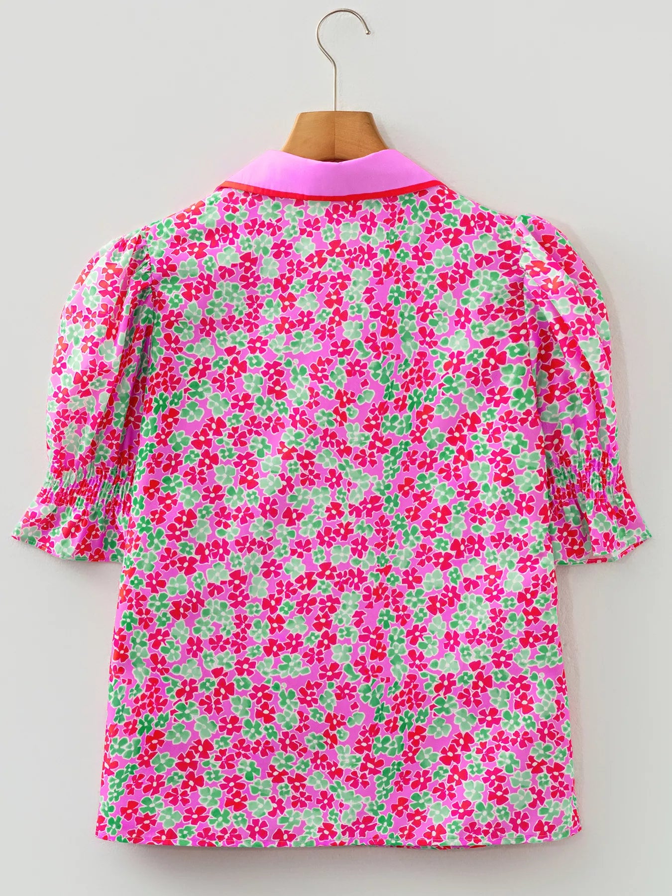 Floral Collared V Neck Short Puff Sleeve Blouse