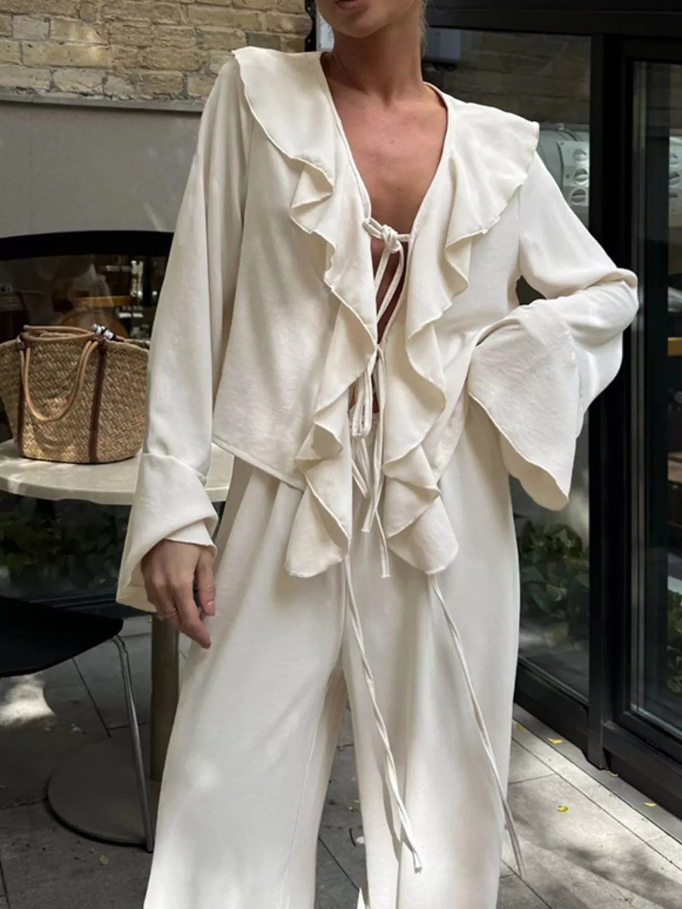 Ruffle Trim Tie Front Top and Pants Set