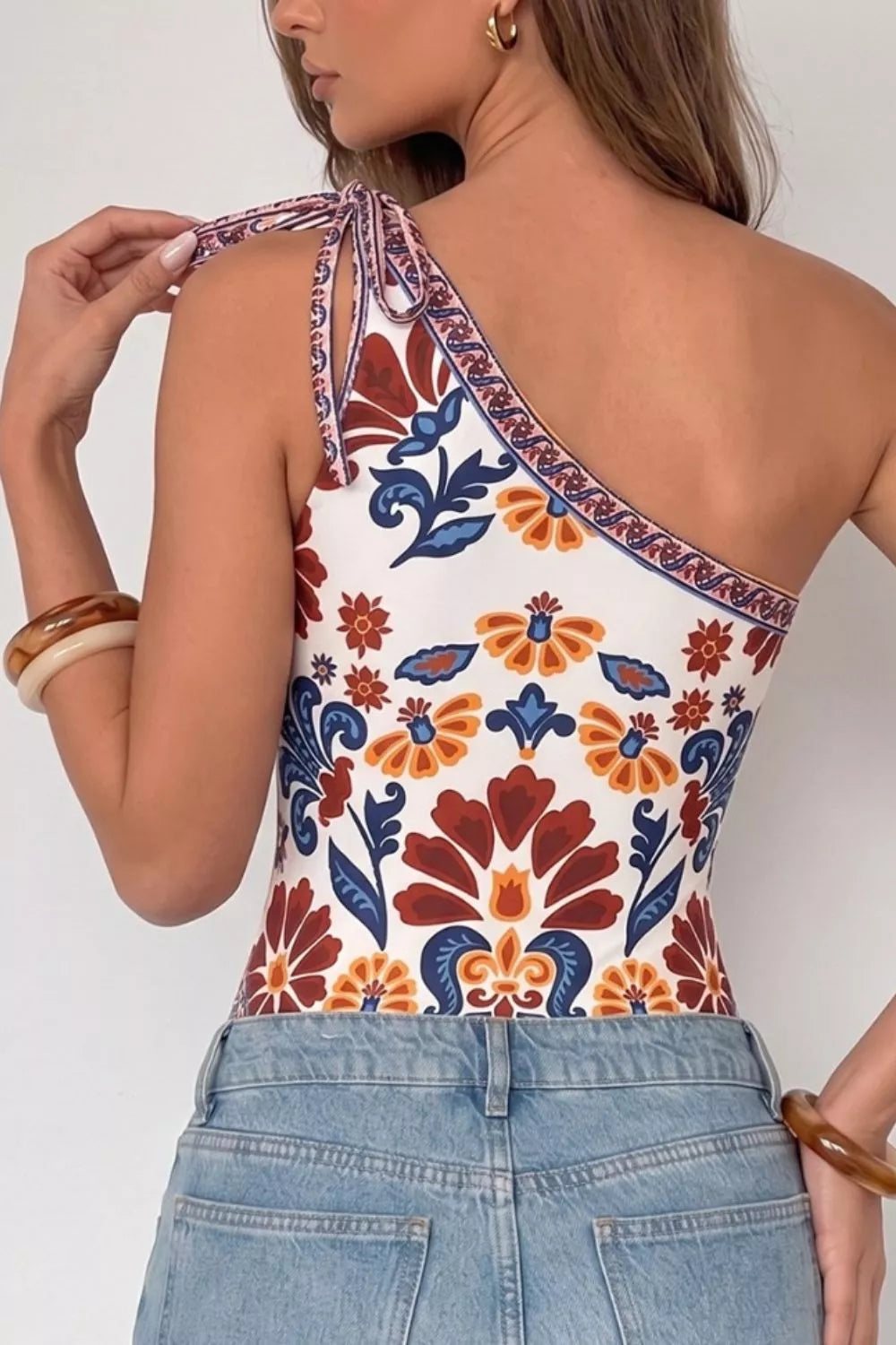 Floral Print One-Shoulder Tie Bodysuit