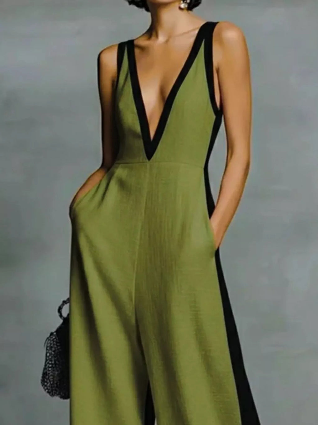 Deep V-Neck Wide-Leg Jumpsuit with Contrast Trim