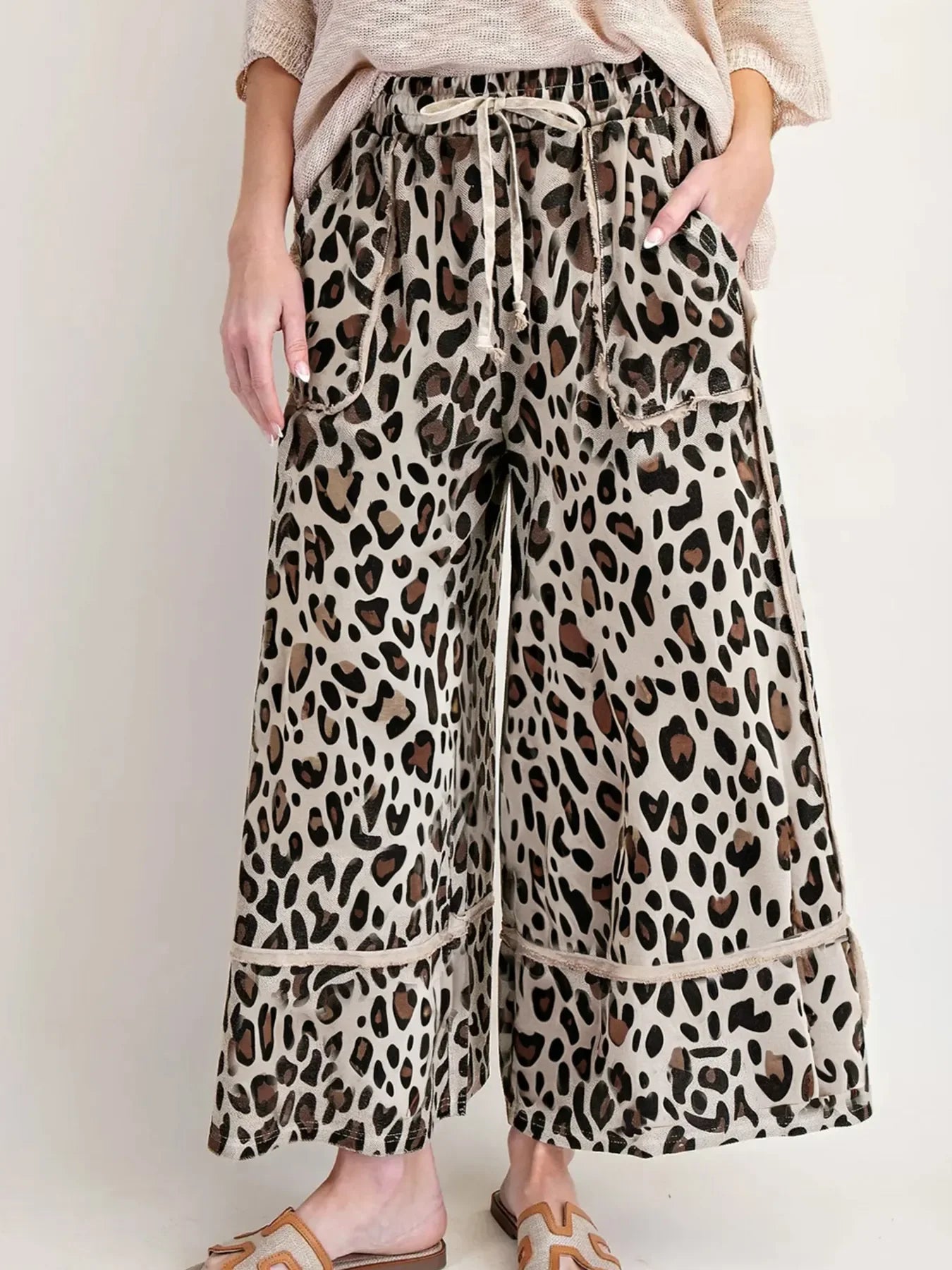 Leopard Print Wide Leg Drawstring Pants