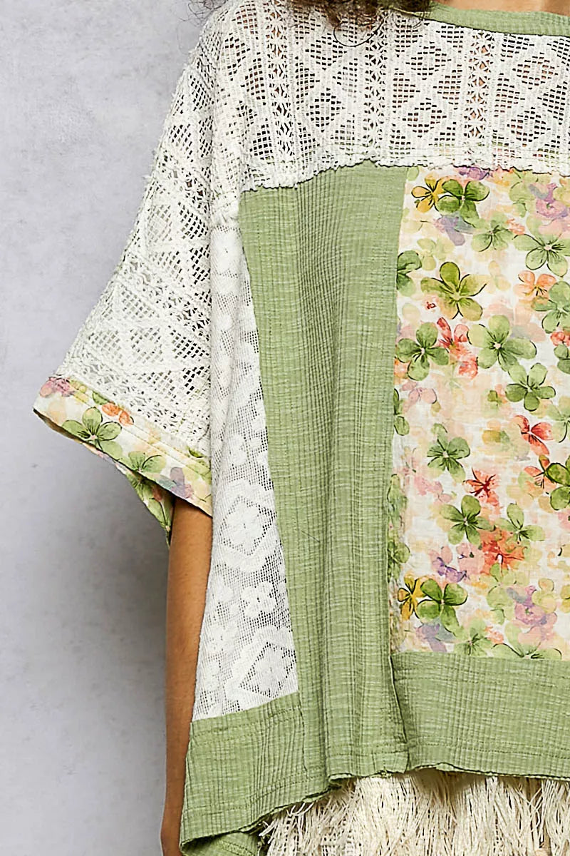 POL Floral Patchwork Lace Accent Blouse