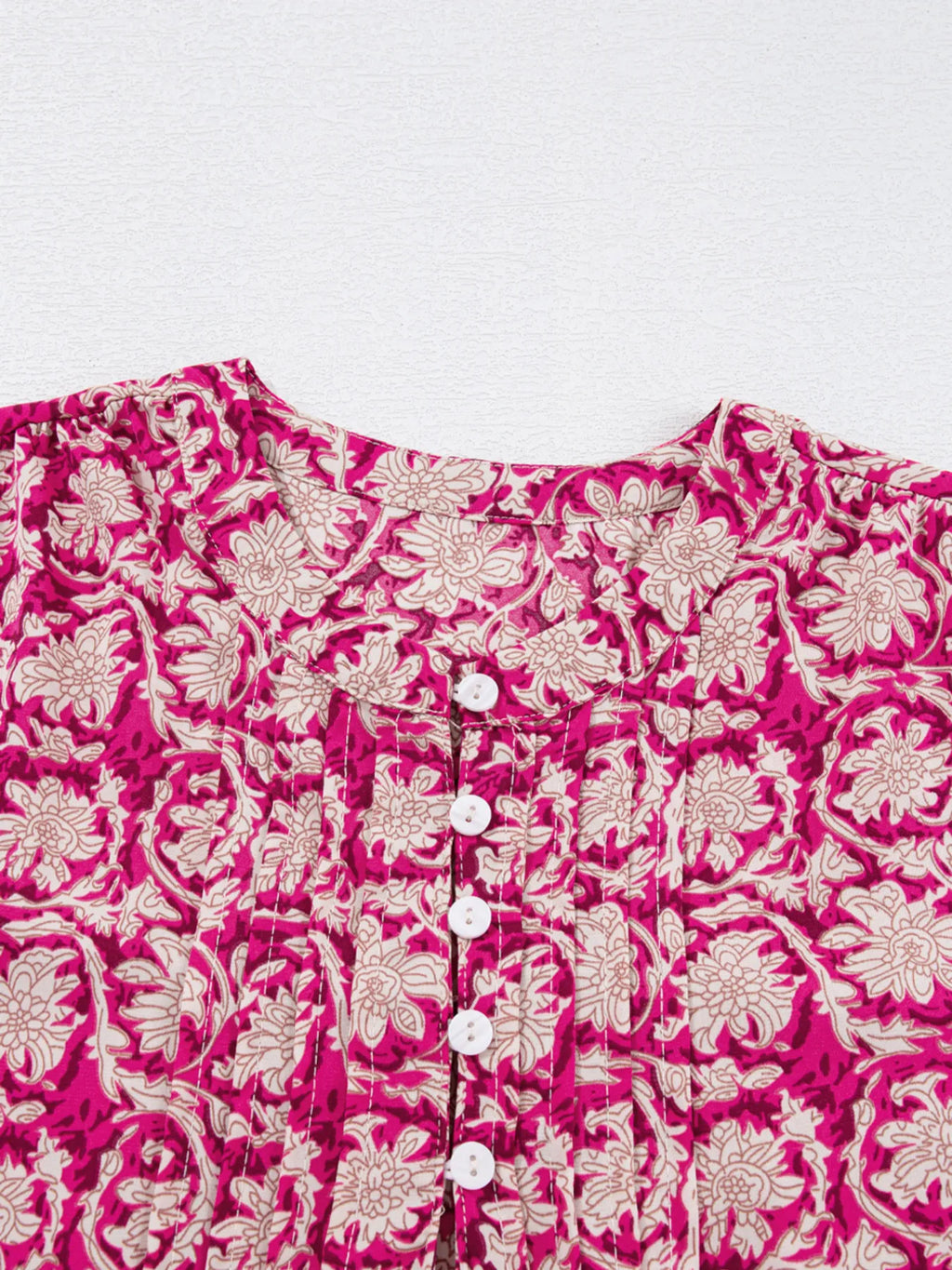 Floral Print Split Neck Pleated Long Sleeve Blouse