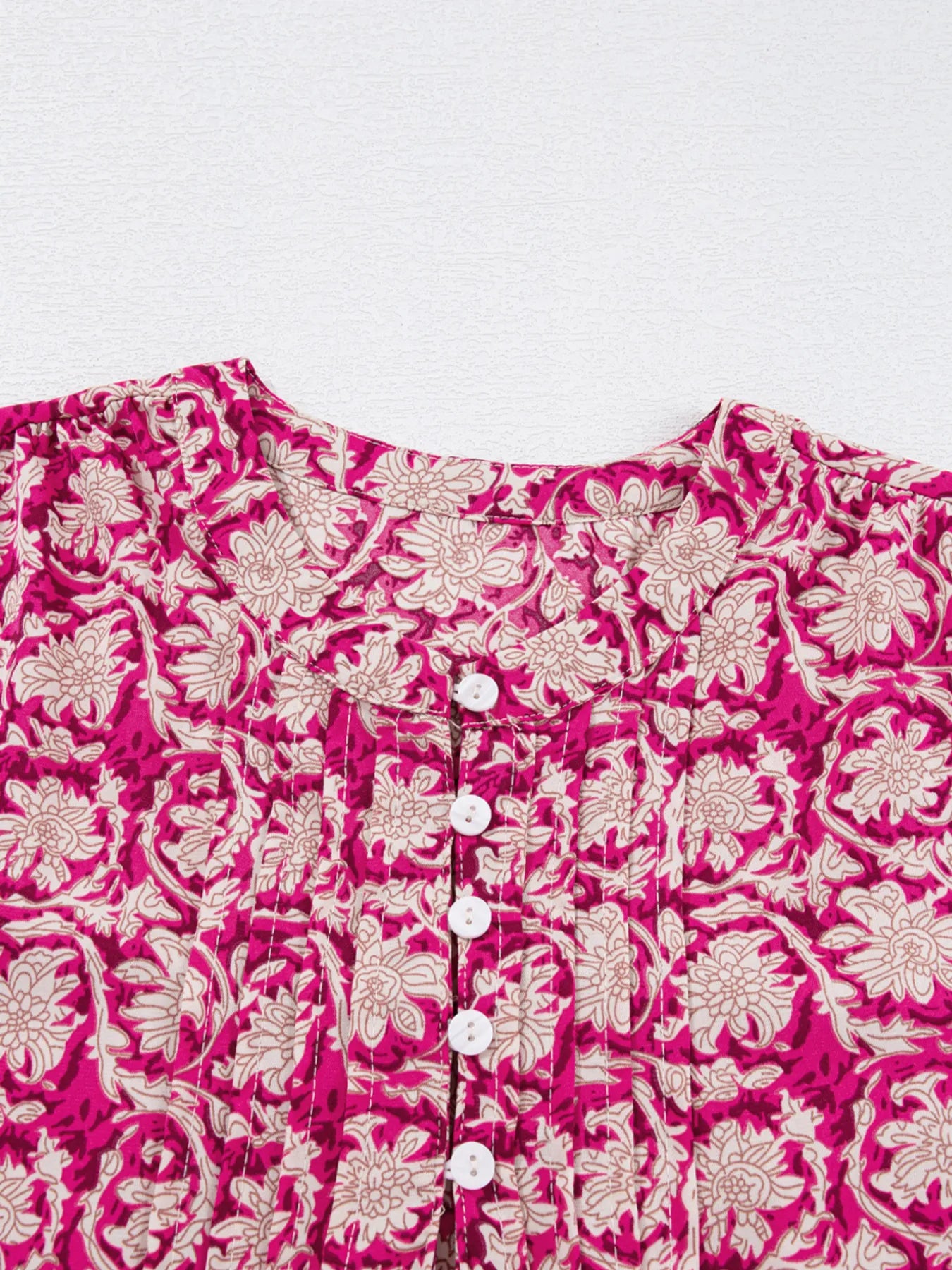 Floral Print Split Neck Pleated Long Sleeve Blouse