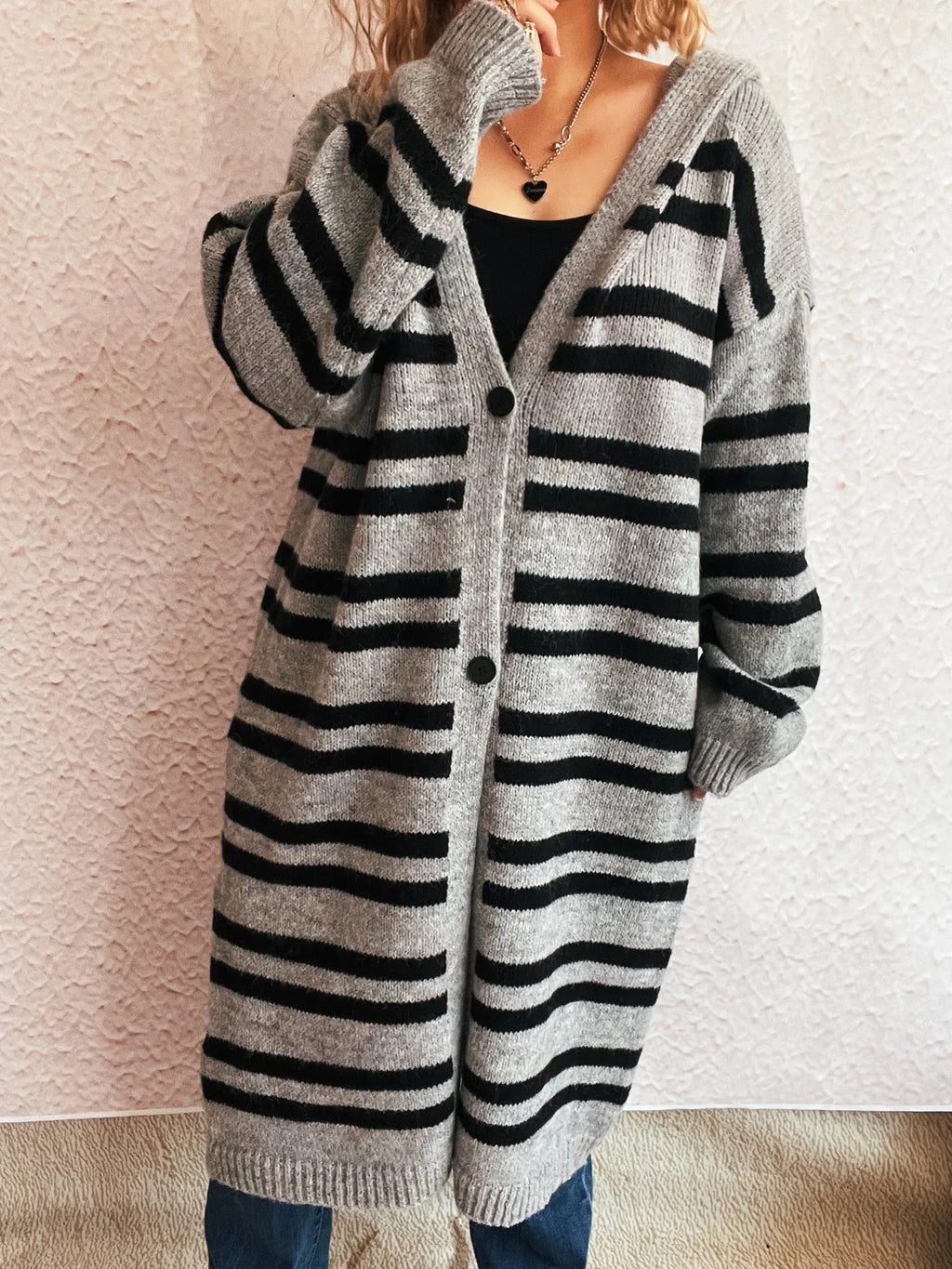 Striped Open Front Hooded Cardigan