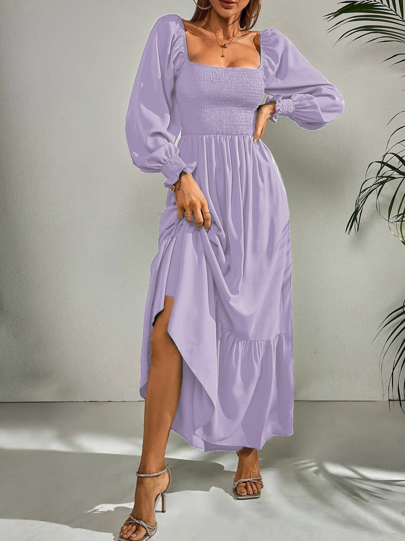 Smocked Long Sleeve Midi Dress