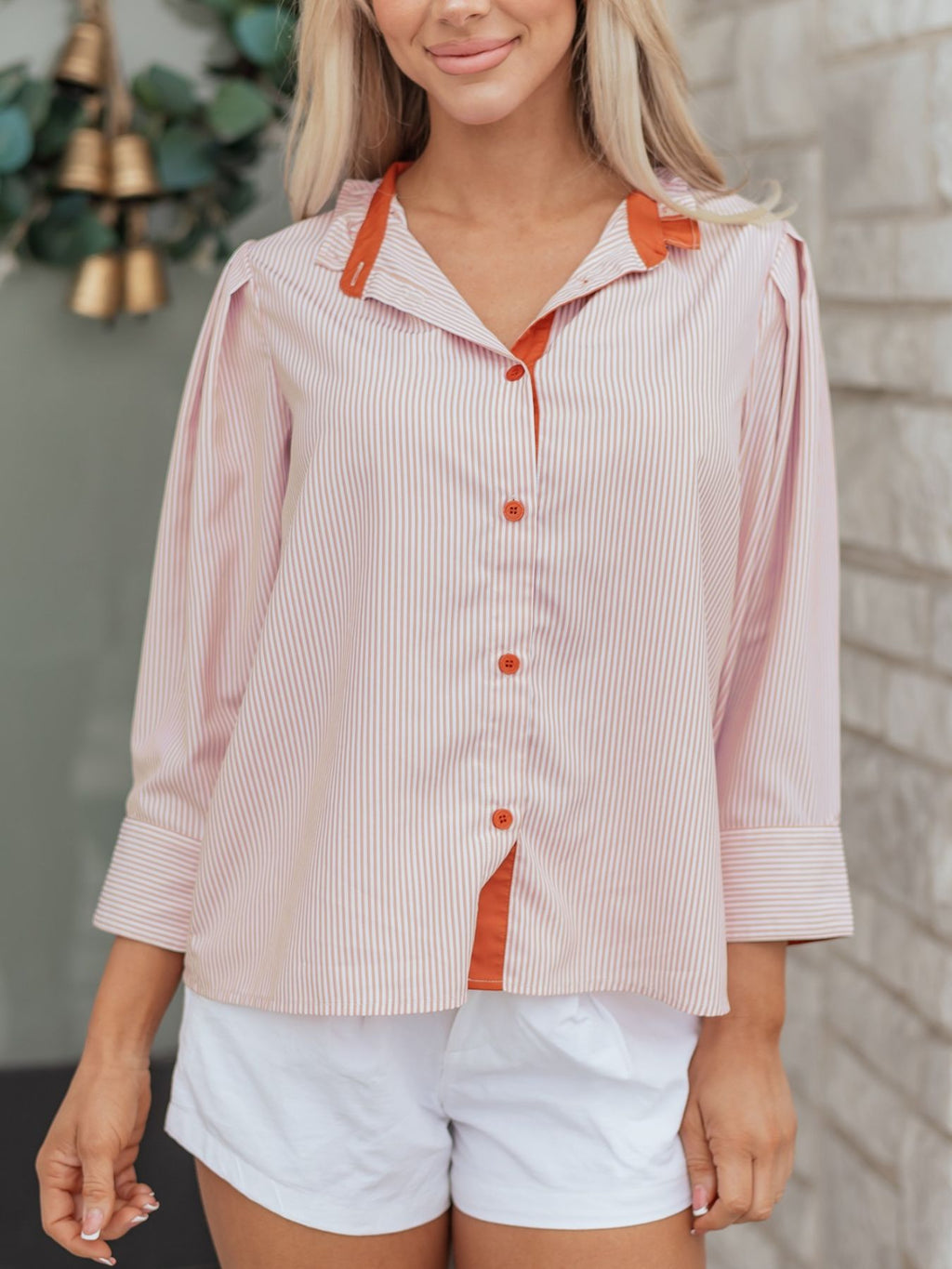 Stripe Color Block Patchwork Detail Frilled Collar Button Down Shirt
