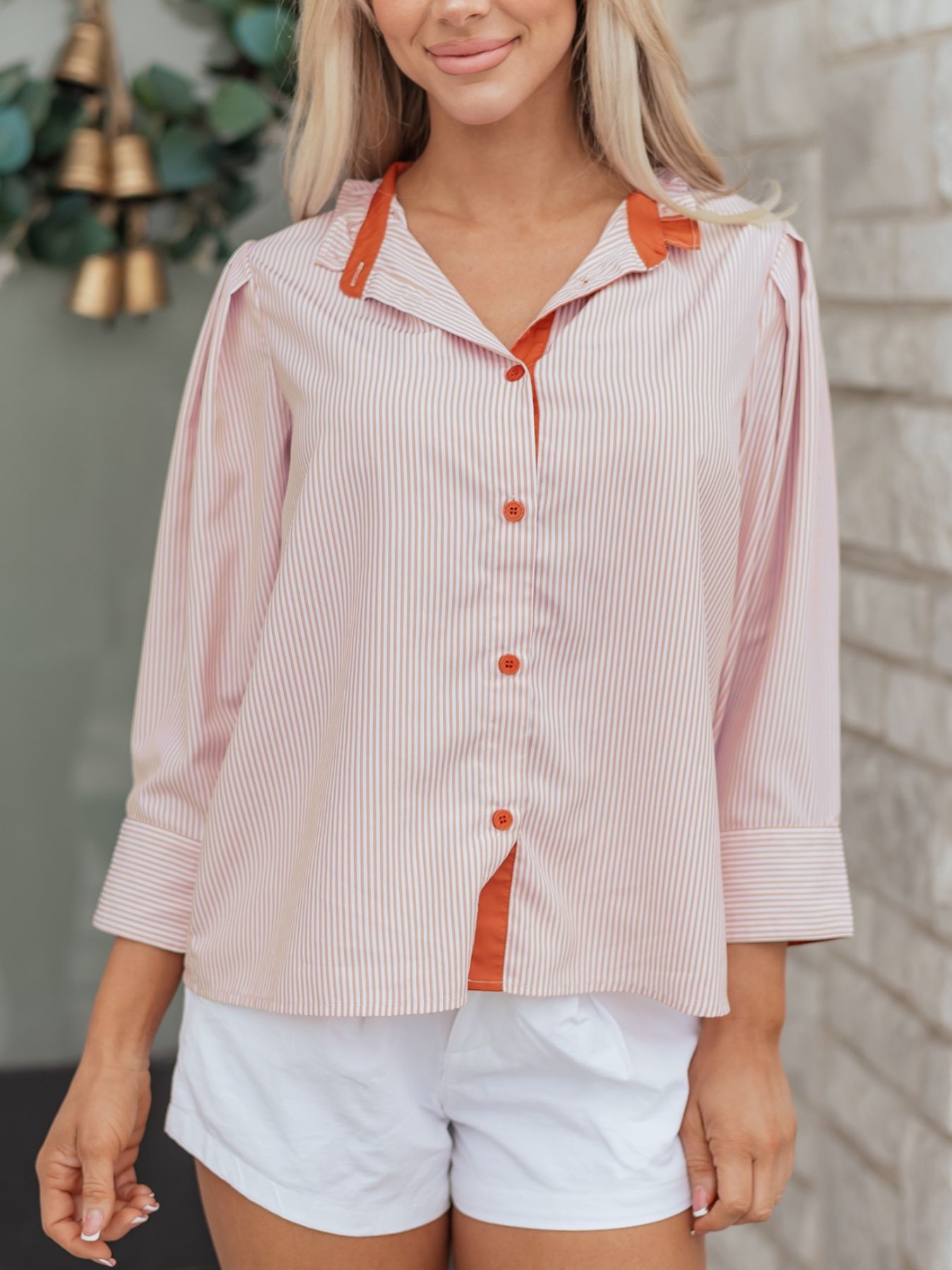 Stripe Color Block Patchwork Detail Frilled Collar Button Down Shirt