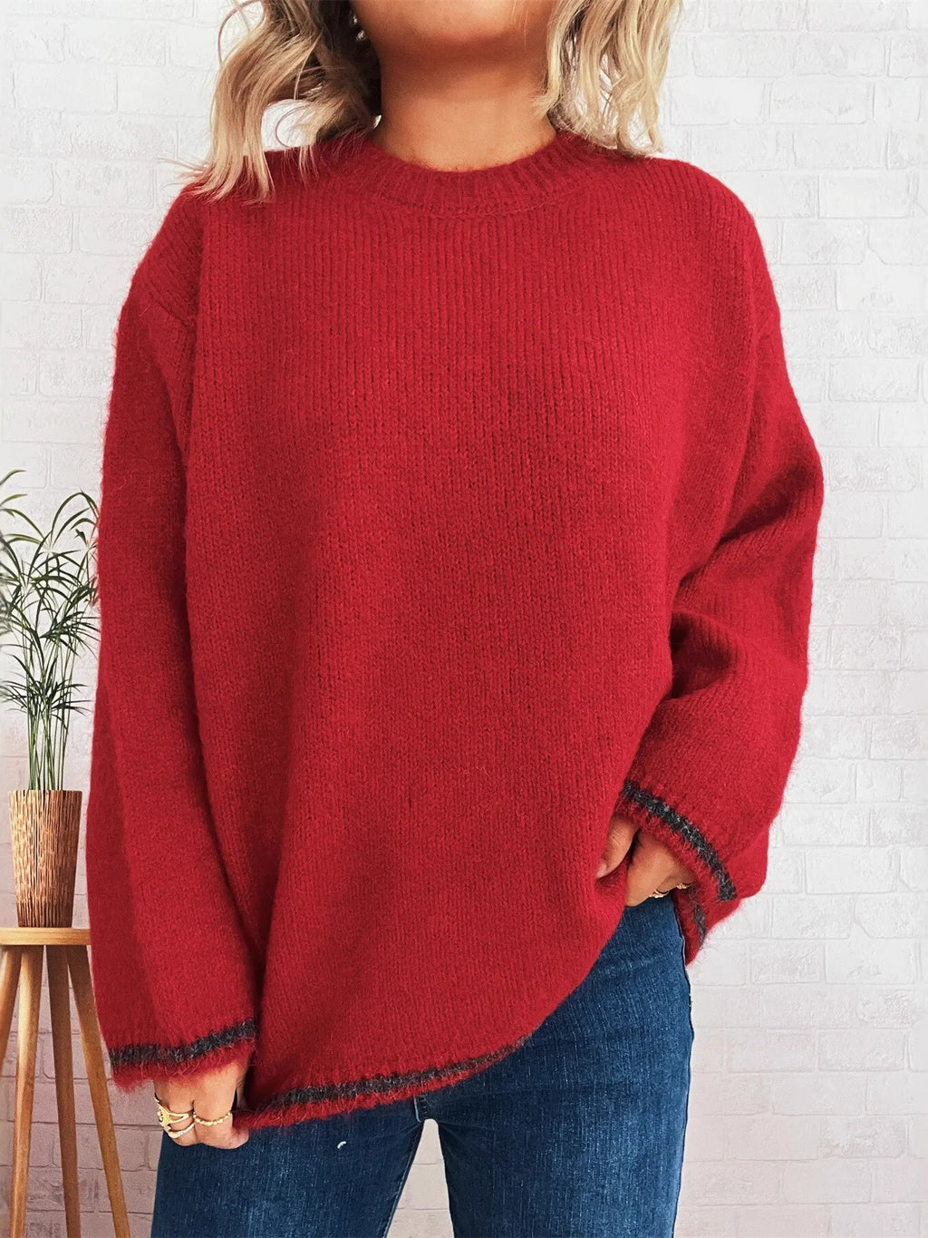 Contrast Trim Round Neck Cozy Sweater