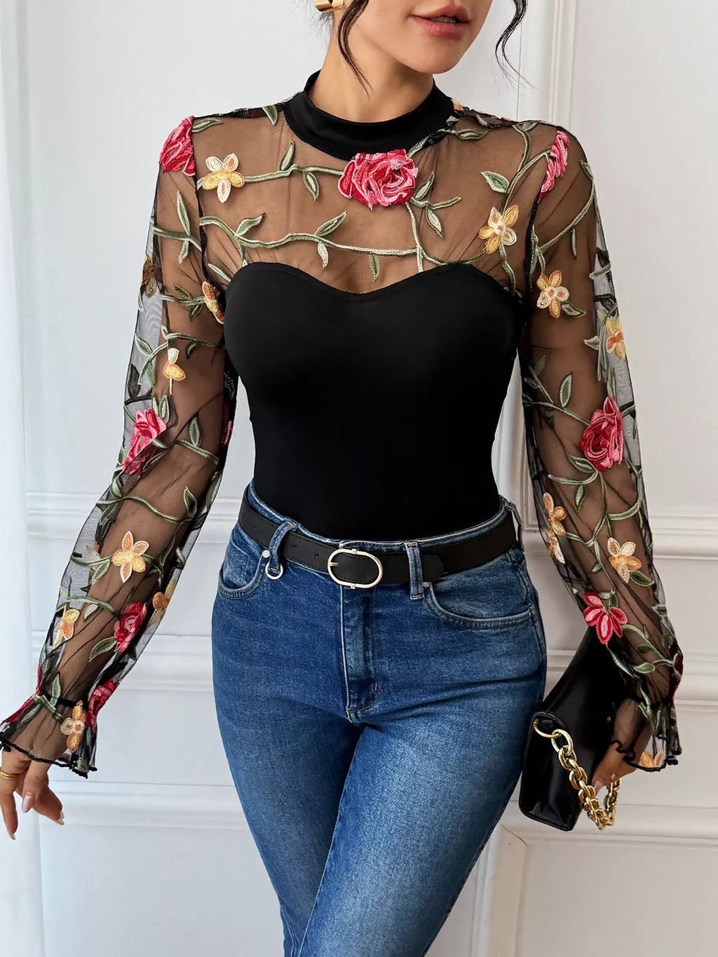 Floral Embroidered Mesh Long Sleeve Bodysuit