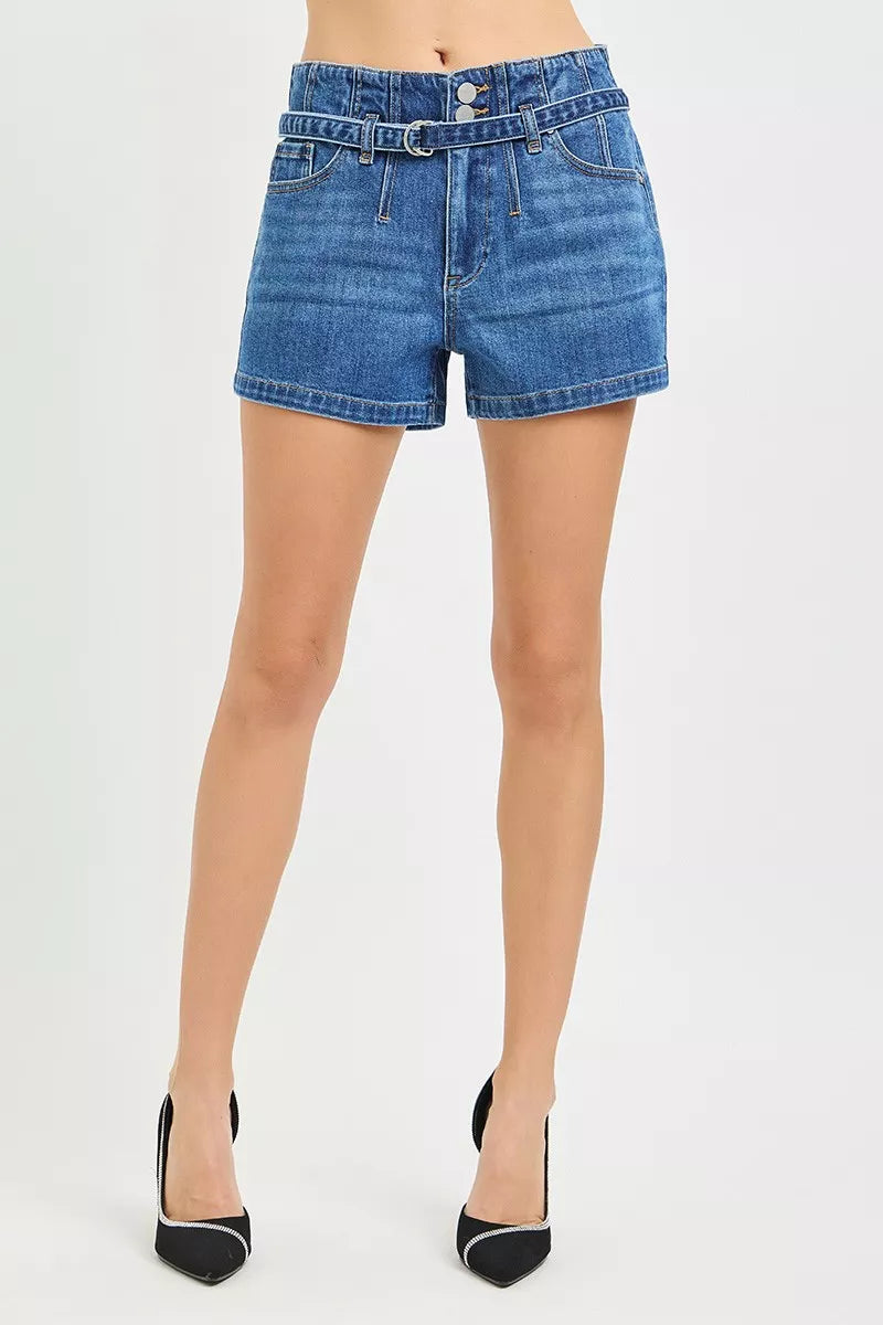 RISEN Double Button Slouchy Denim Shorts with Belt