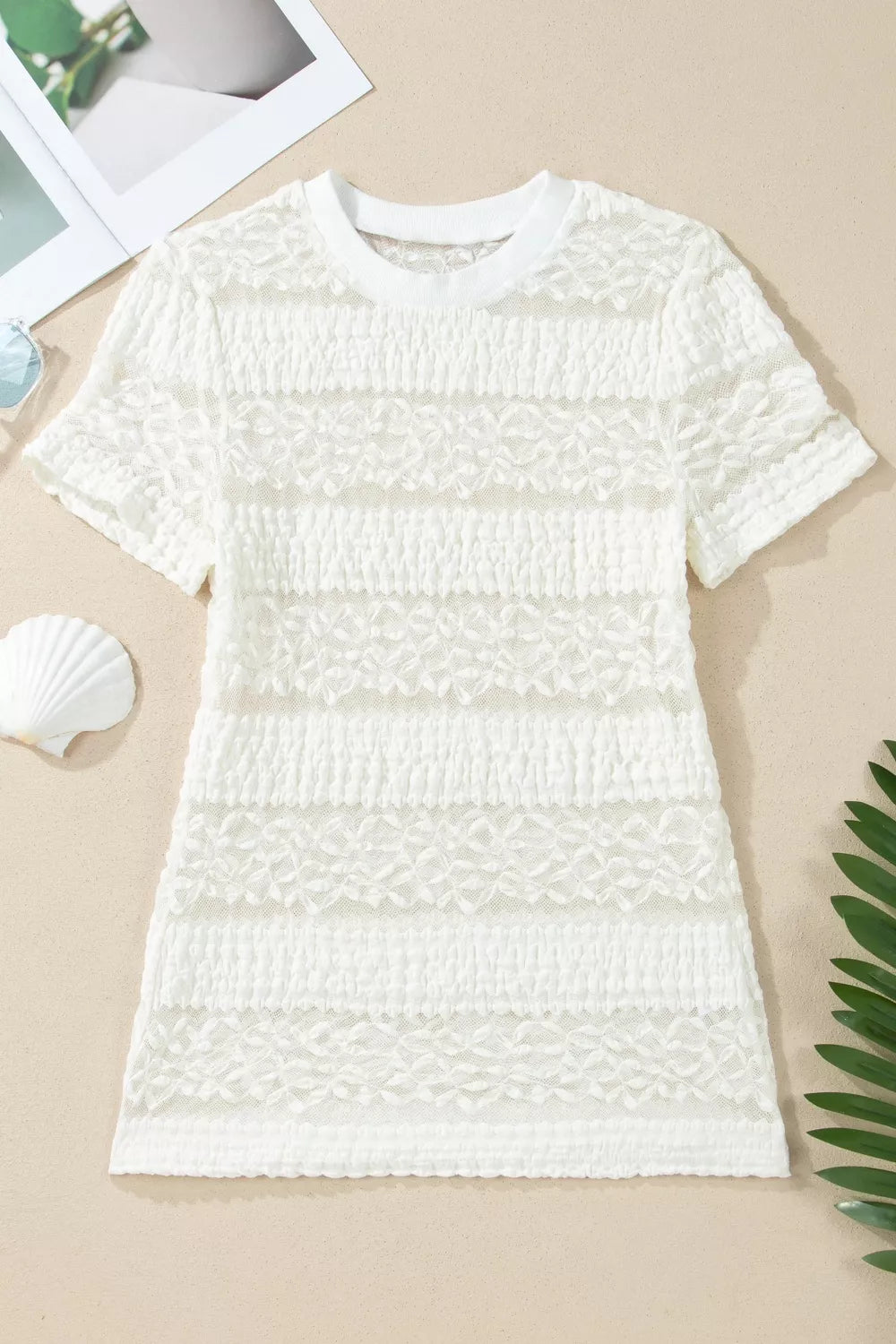 Sheer Lace Textured Patchwork Short Sleeve Top