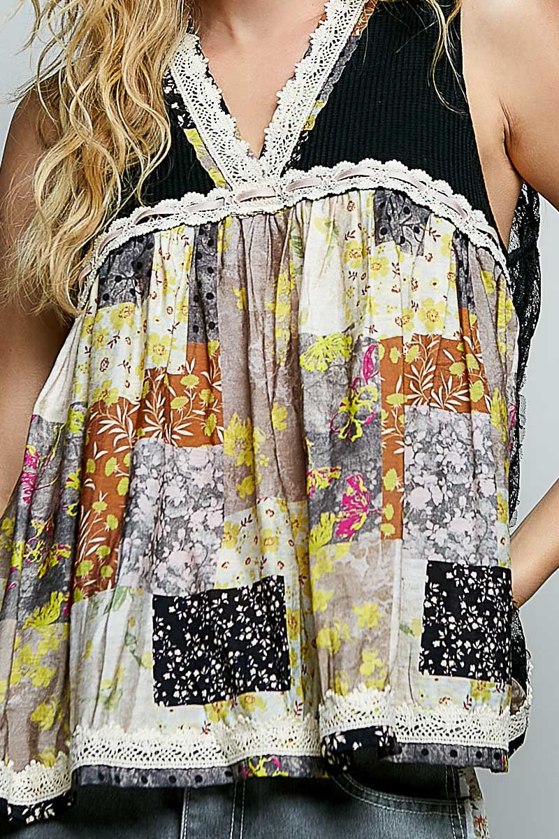 POL Floral V-Neck Sheer Tank with Lace Trim