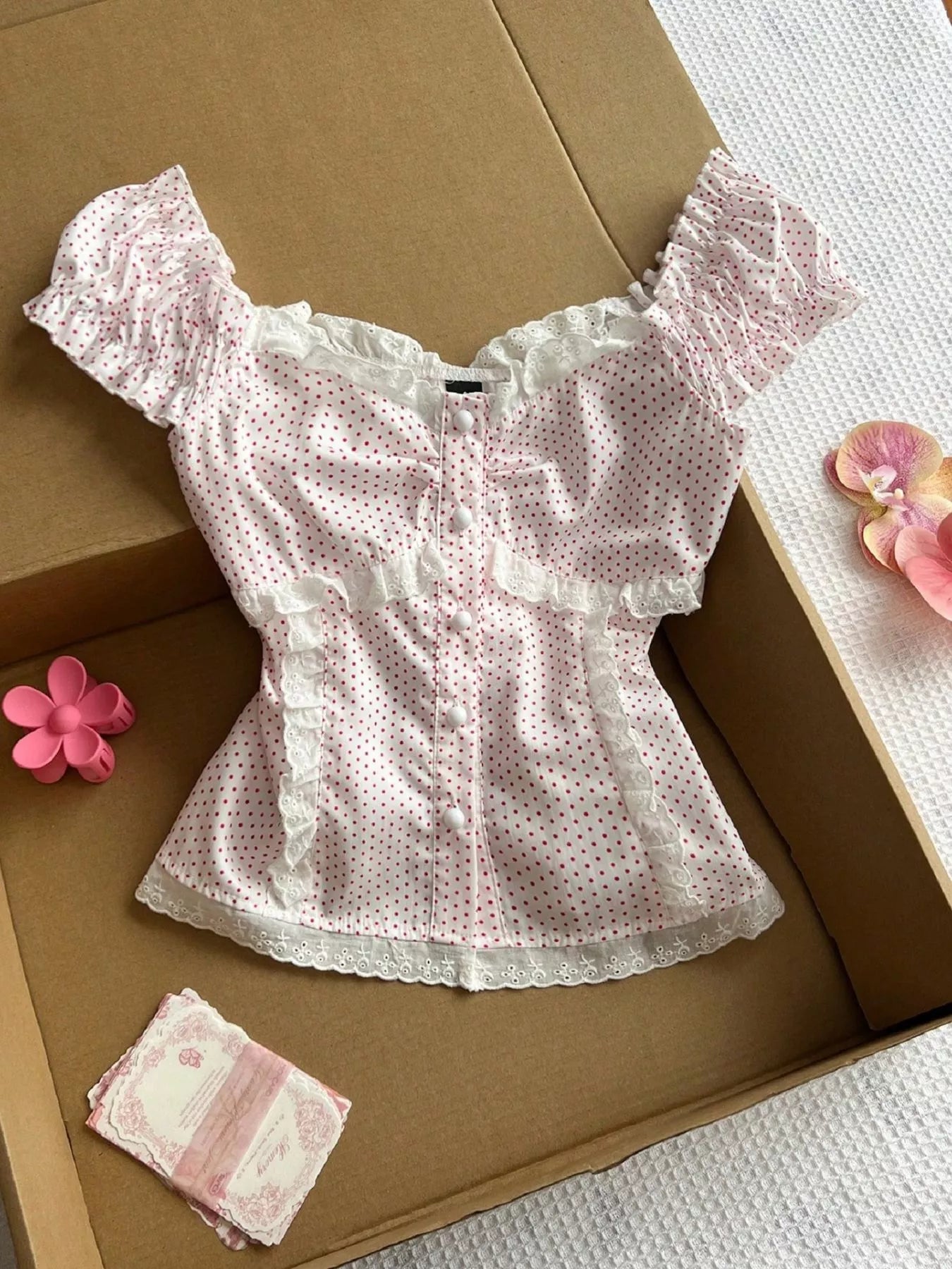 Polka Dot Lace Trim Blouse
