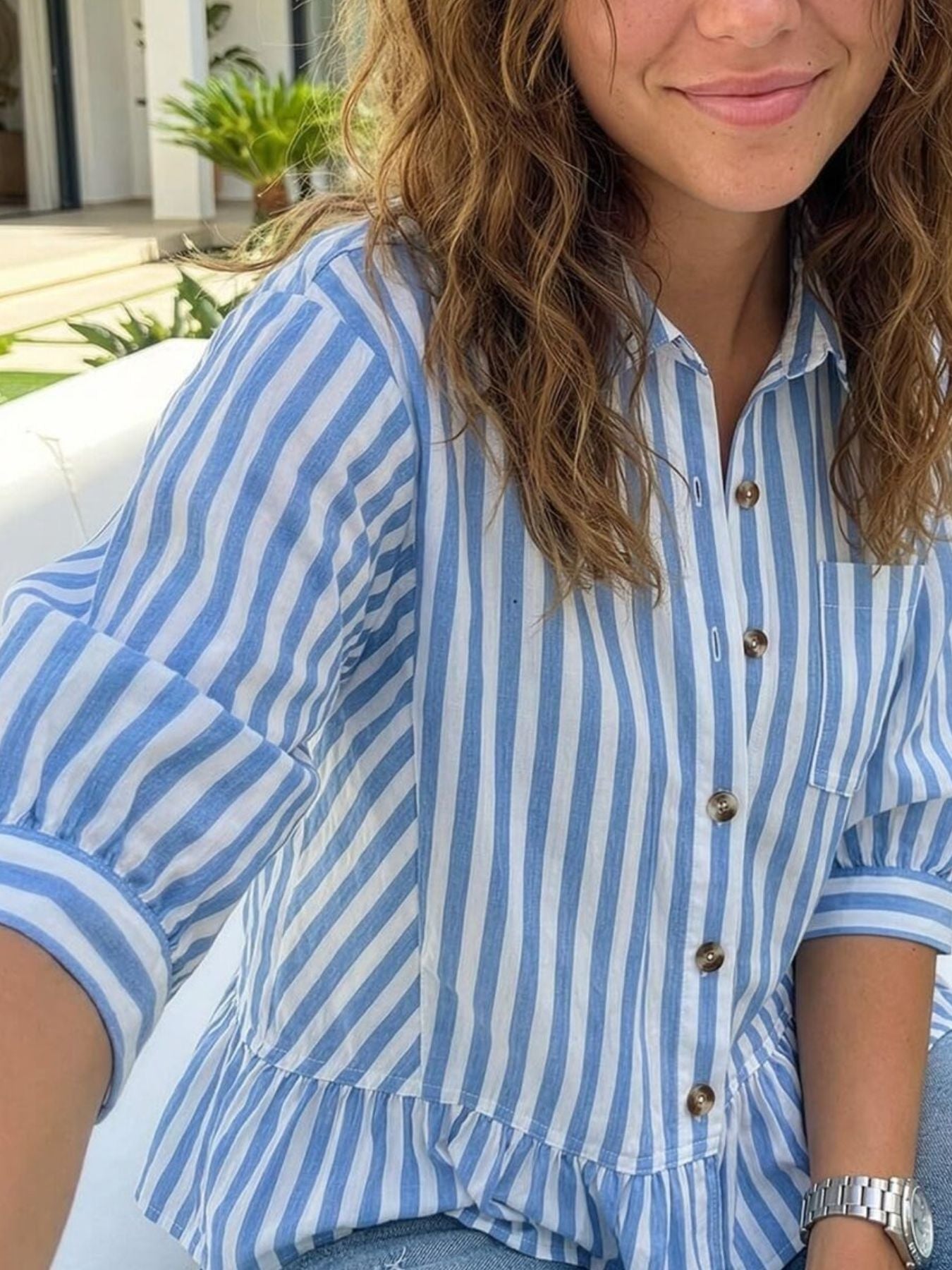 Striped Ruffle Hem Button-Down Shirt