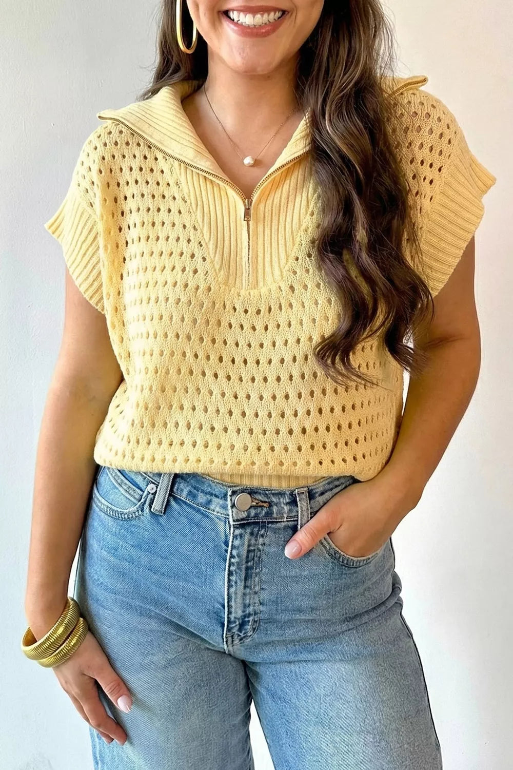 Solid Color Hollowed Knit Short Sleeve Zipper Collar Knitwear Top