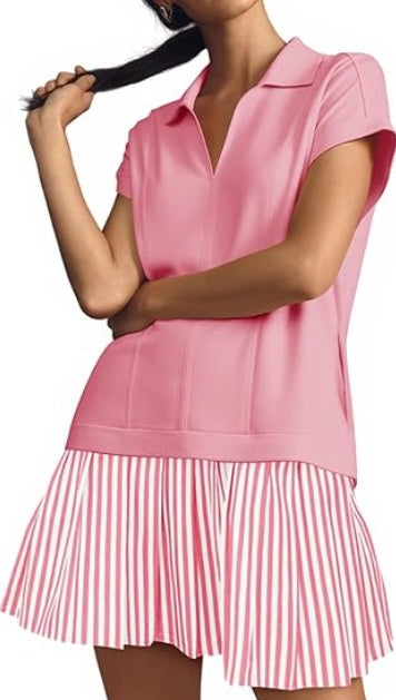 Fisoew Striped Patchwork Polo V‑Neck Mini Dress with Pockets