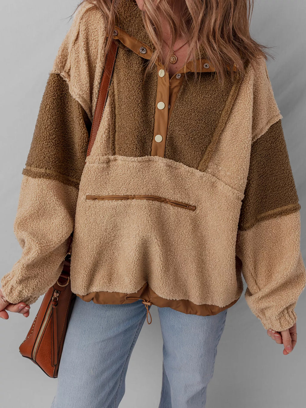 Color Block Patchwork Half Button Sherpa Sweatshirt