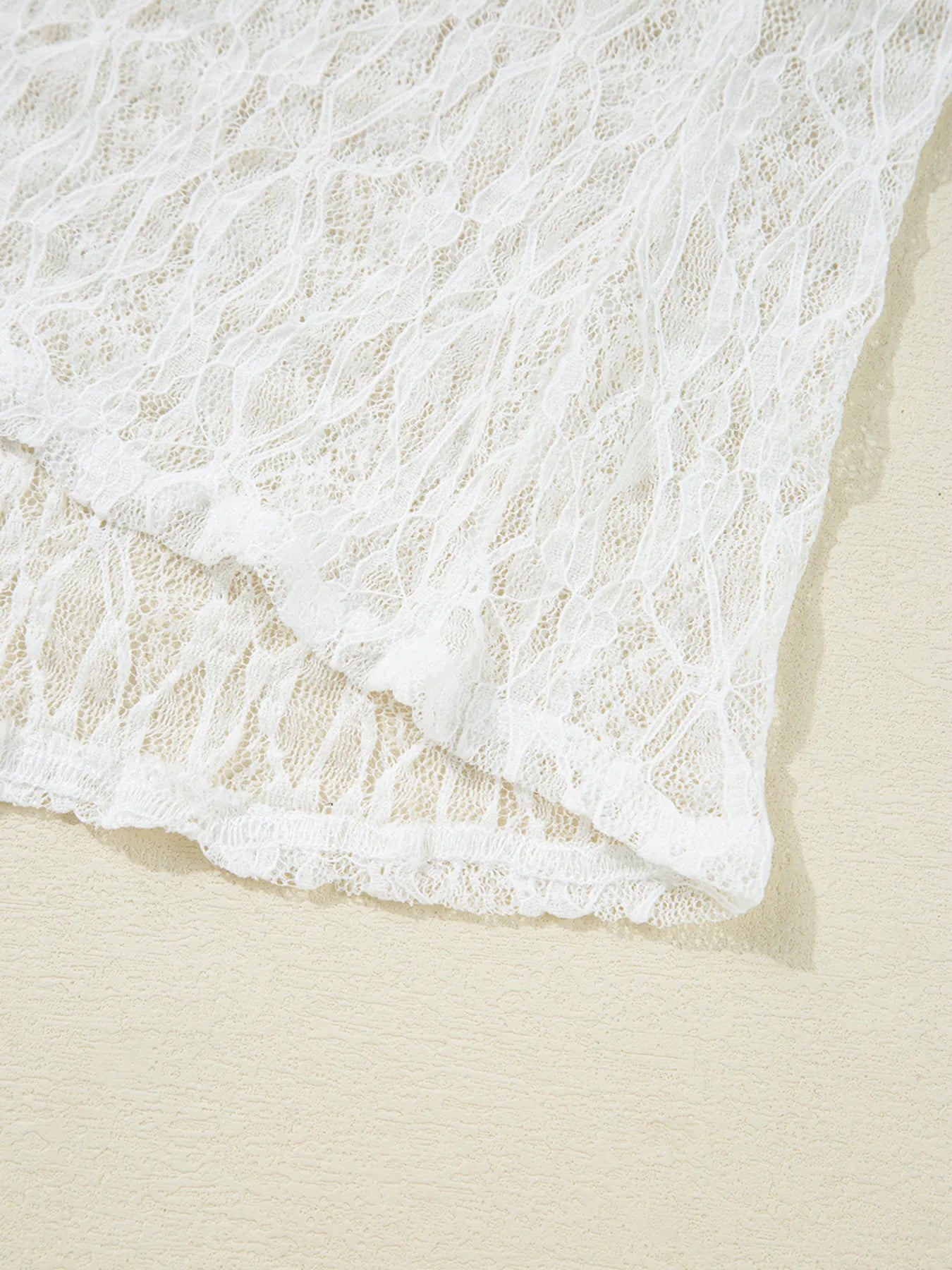 Sheer Lace Bell Sleeve Mock Neck Blouse
