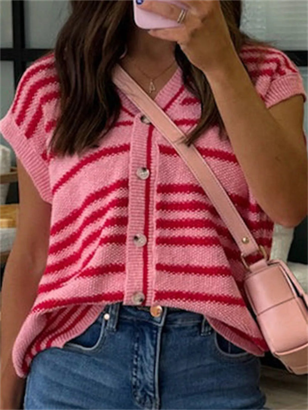 Striped Knit Button Up Cap Sleeve Cardigan