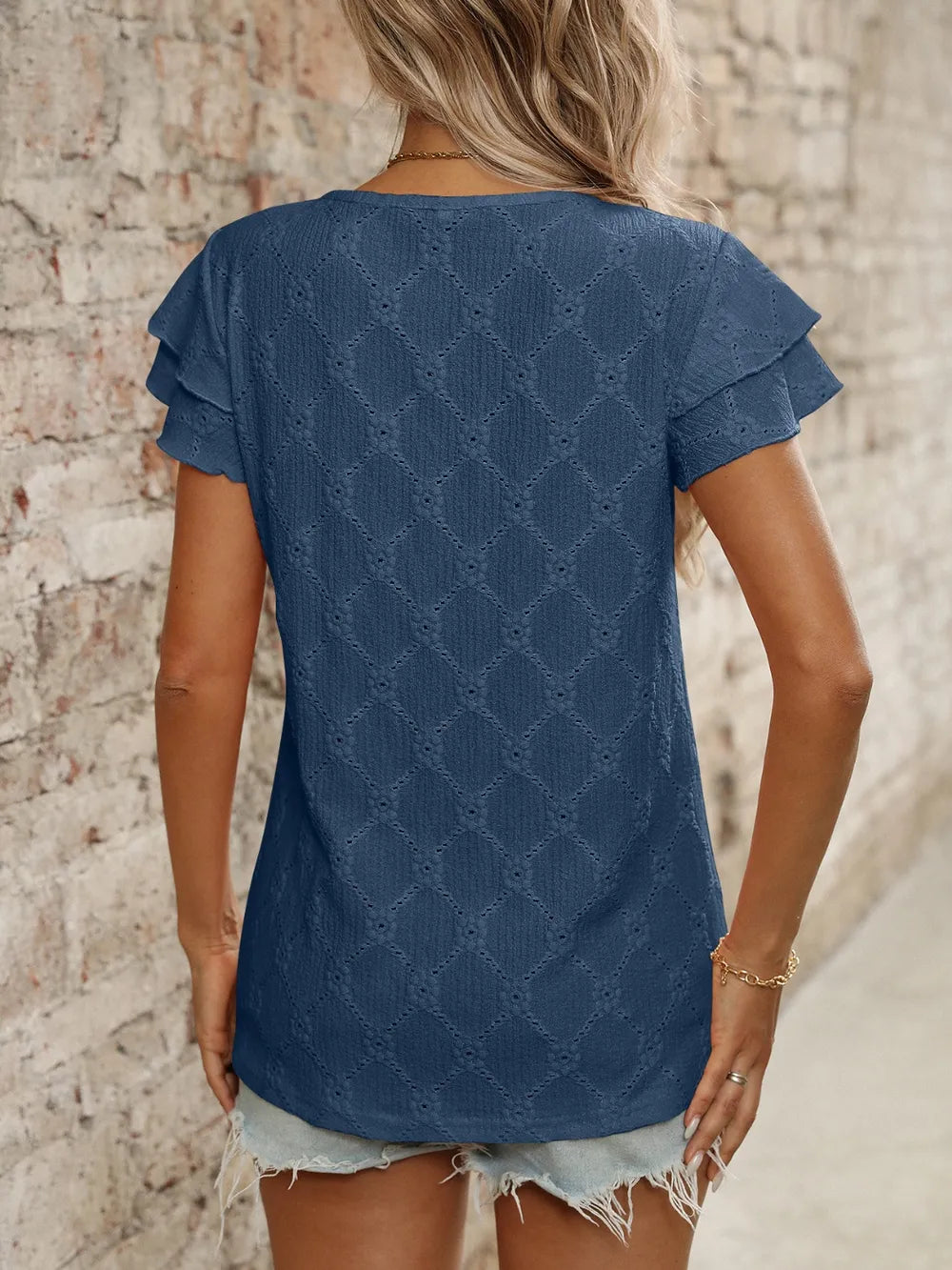 Eyelet Round Neck Double Layered Ruffled Short Sleeve Top