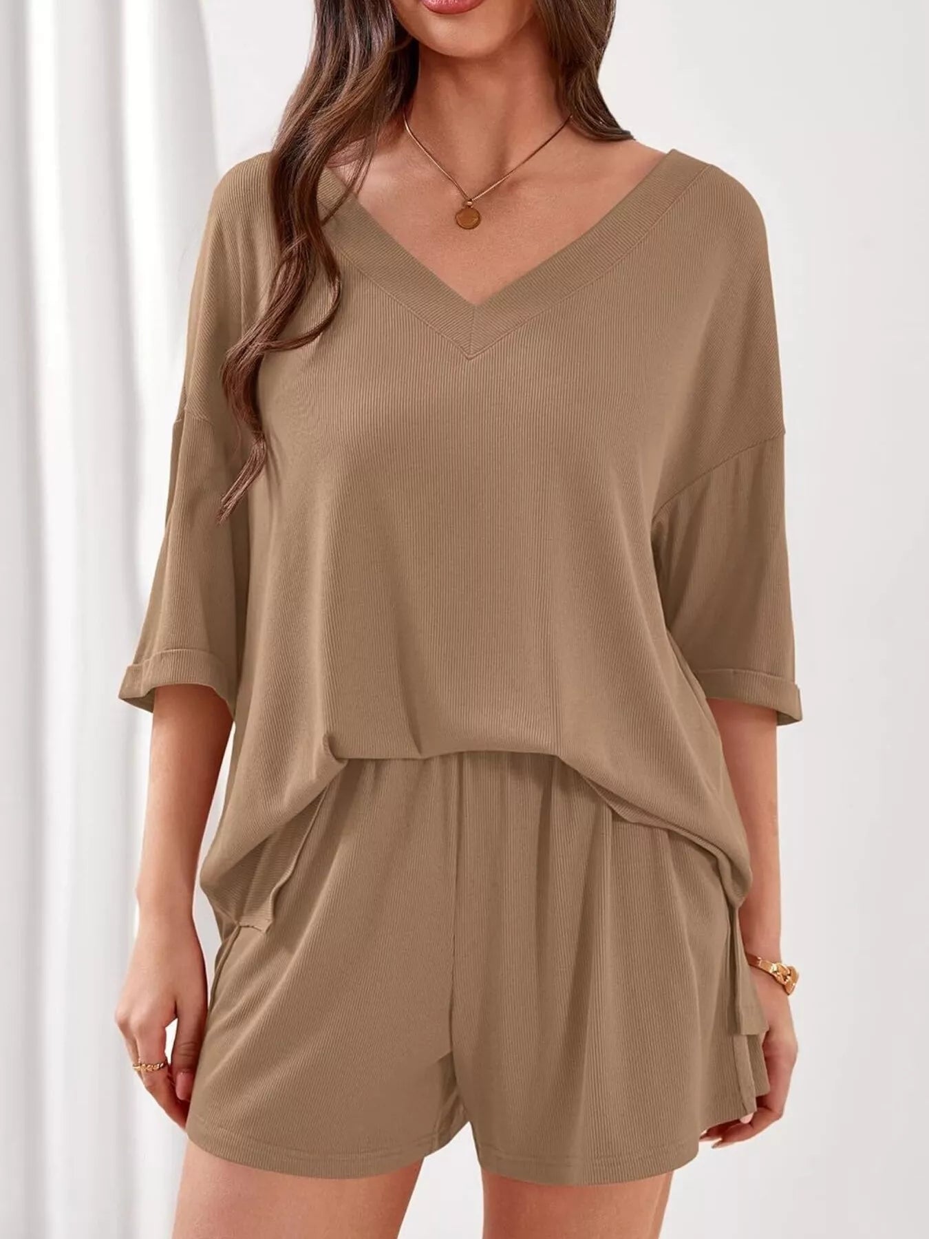 Casual Solid Color V-Neck Top & Shorts Set