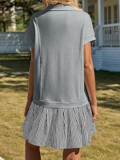 Fisoew Striped Patchwork Polo V‑Neck Mini Dress with Pockets