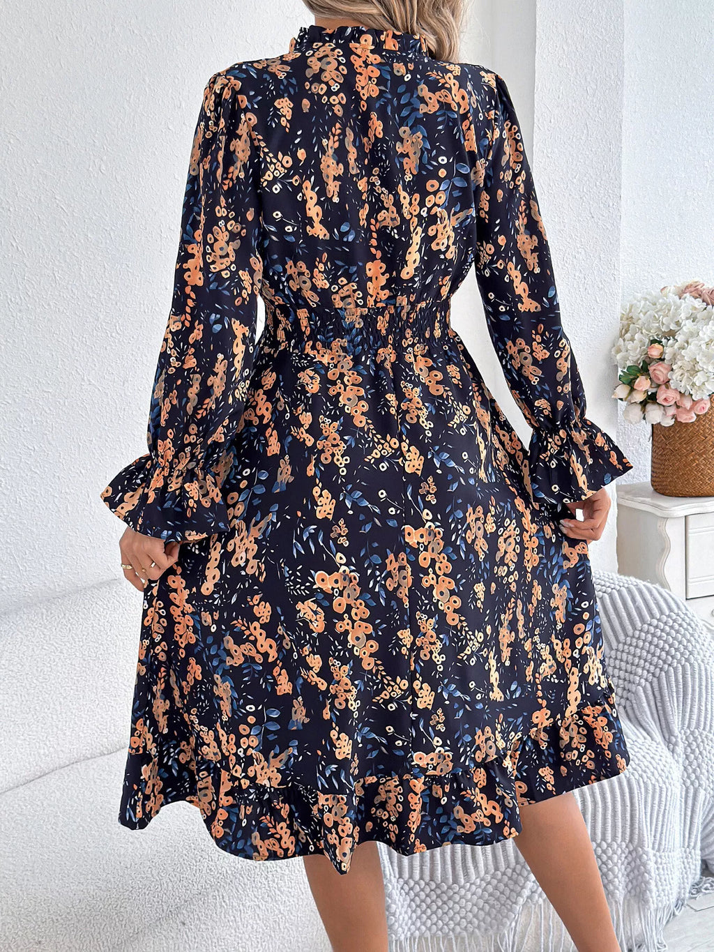 Floral Print Ruffle Hem Flounce Sleeve A-Line Dress