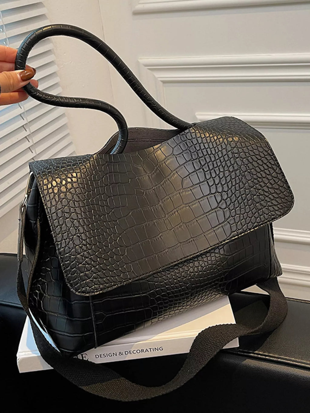 Crocodile Embossed Flap Shoulder Bag
