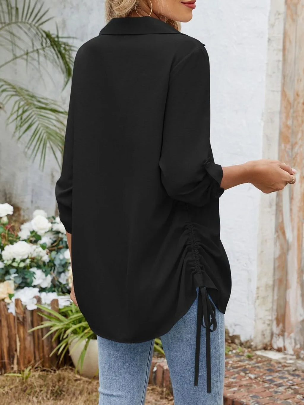 Drawstring Johnny Collared Three-Quarter Sleeve Top