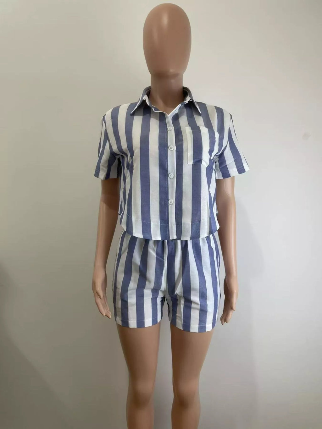 Striped Button Up Top and Shorts Set