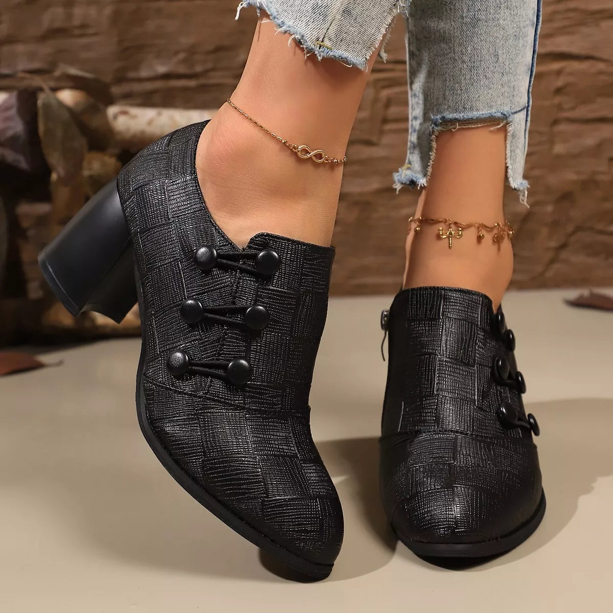Woven Texture Button Decor Pumps
