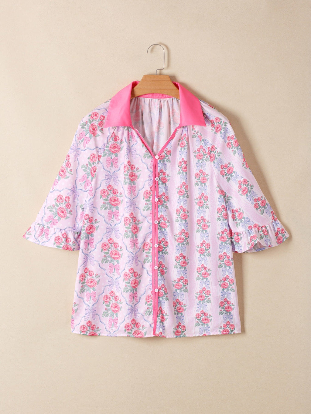 Floral Collared Ruffled Half Sleeve Shirt