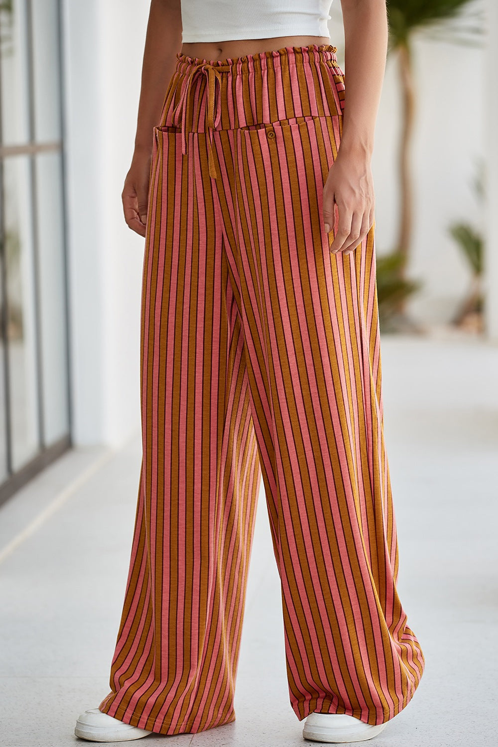 Stripe Button Pocket Tie Waist Casual Wide Leg Pants