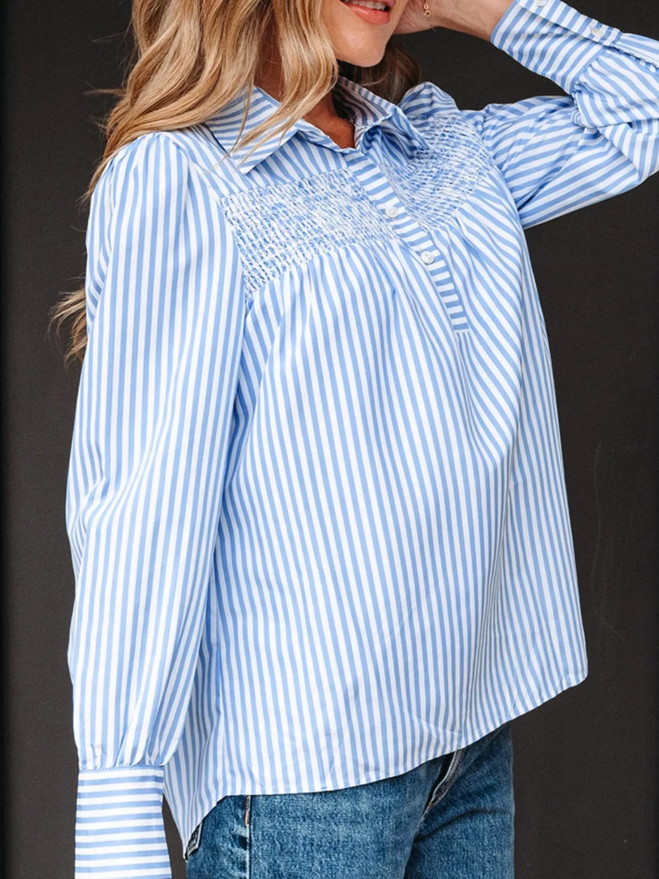 Stripe Shirred Detail Half Placket Collared Long Sleeve Shirt
