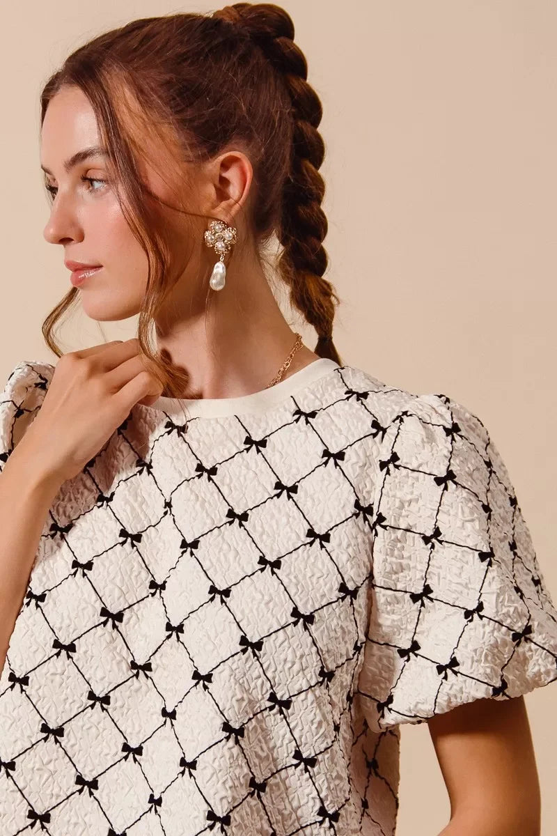 SO ME Bow Texture Woven Bubble Sleeve Top