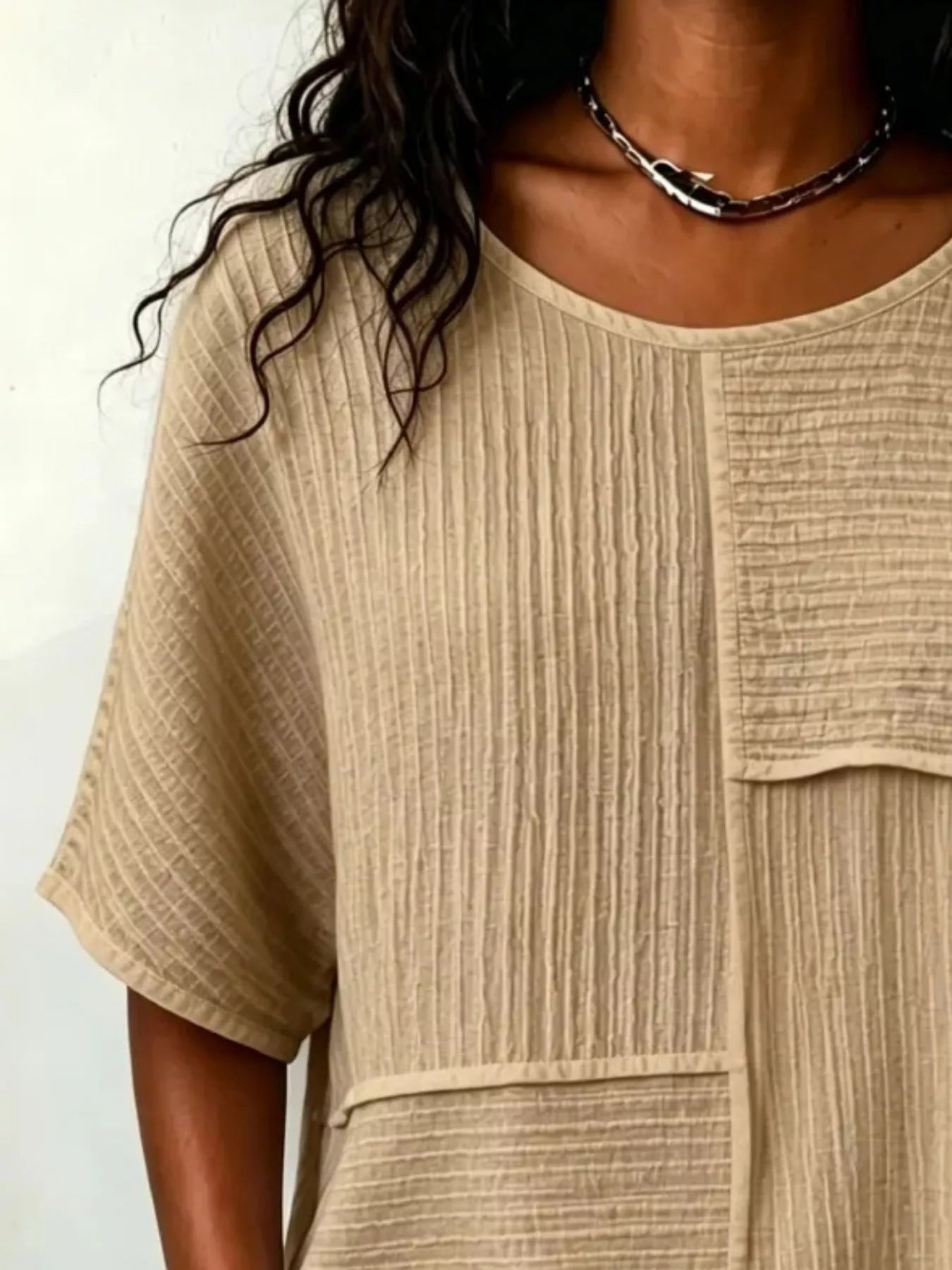 Full Size Texture Round Neck Half Sleeve Blouse Plus Size