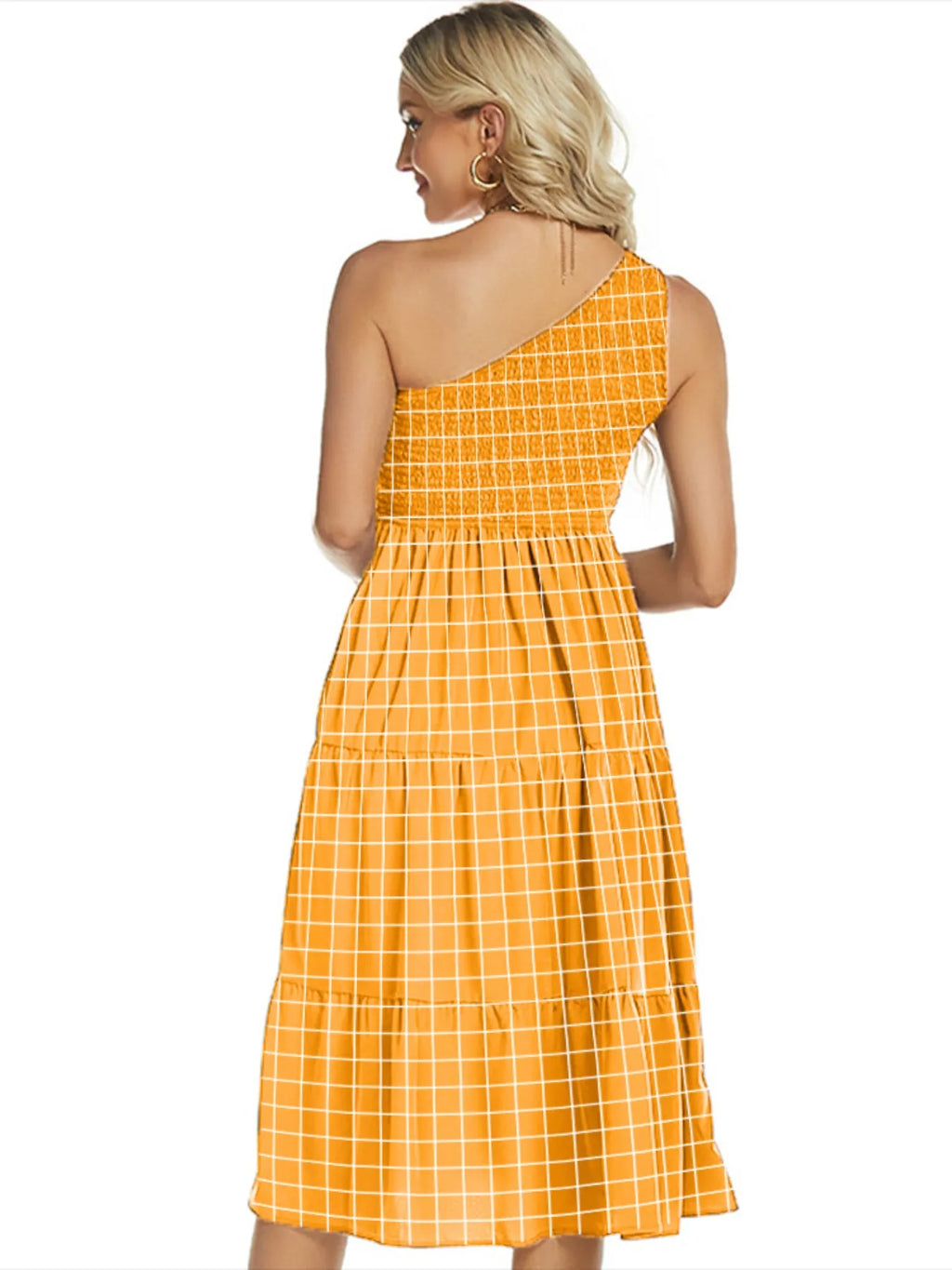 One-Shoulder Tiered Midi Dress with Smocked Bodice