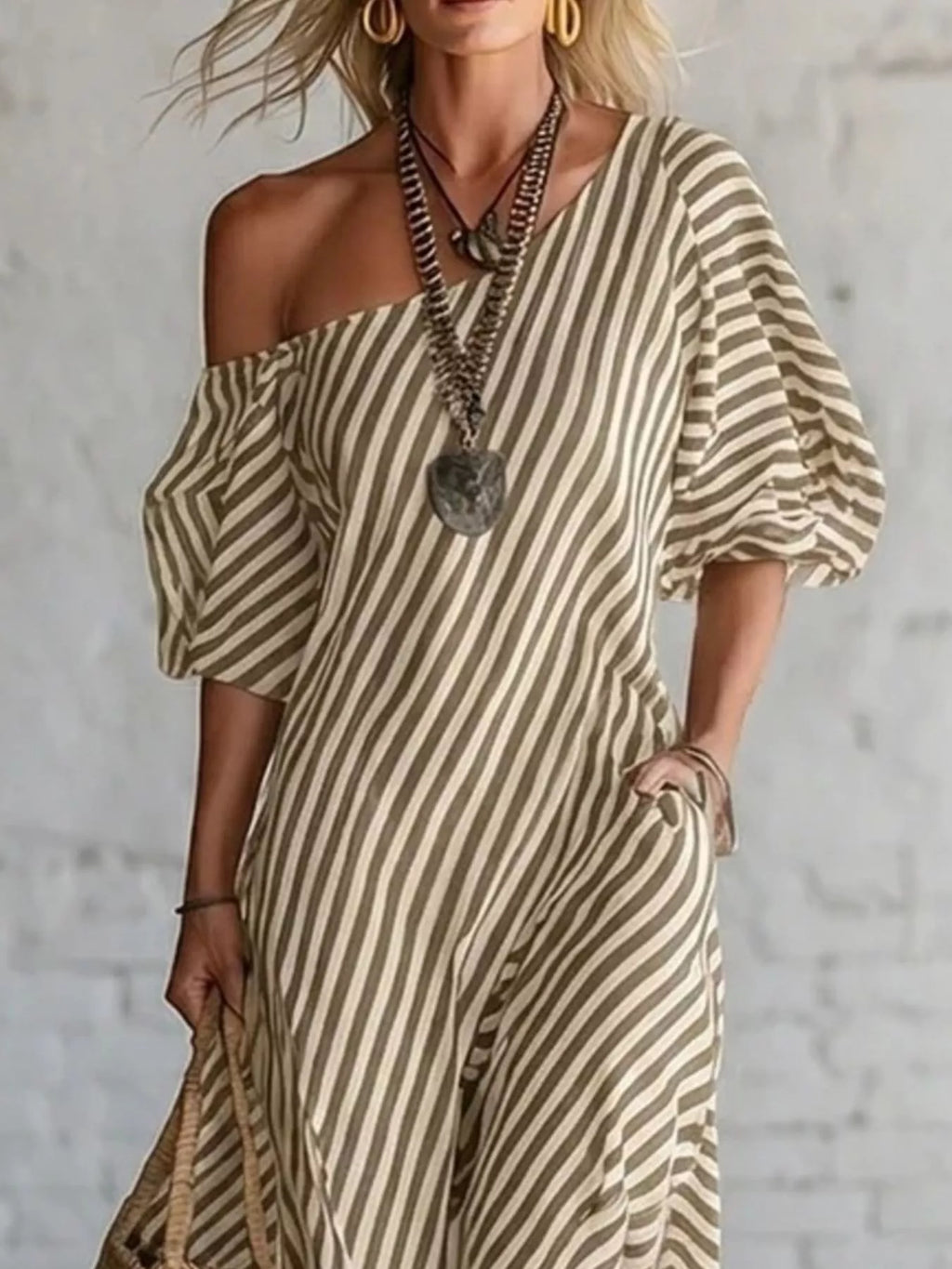 Full Size Striped One-Shoulder Casual Maxi Dress Plus Size