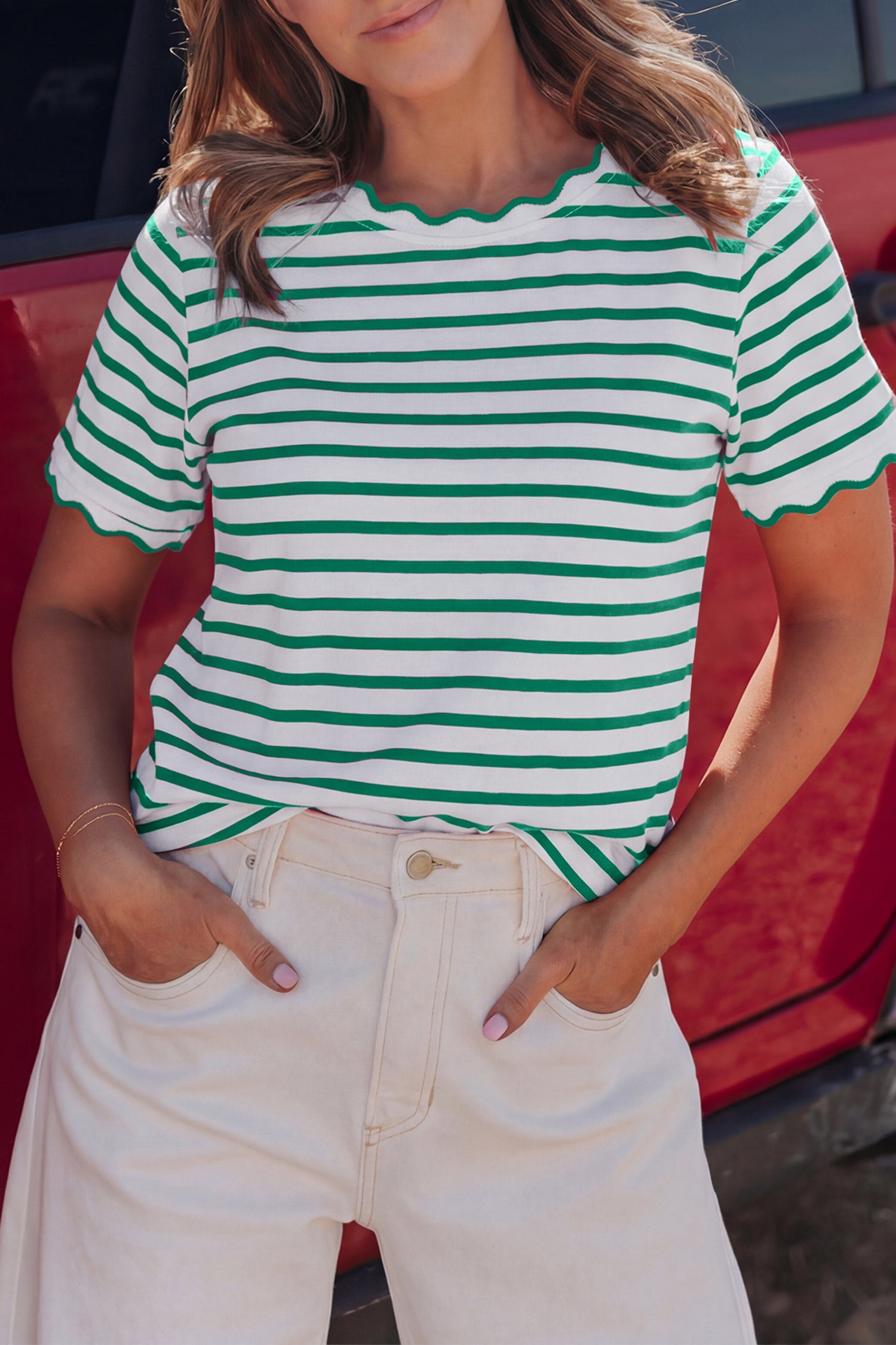 Stripe Scallop Trim Round Neck T-Shirt