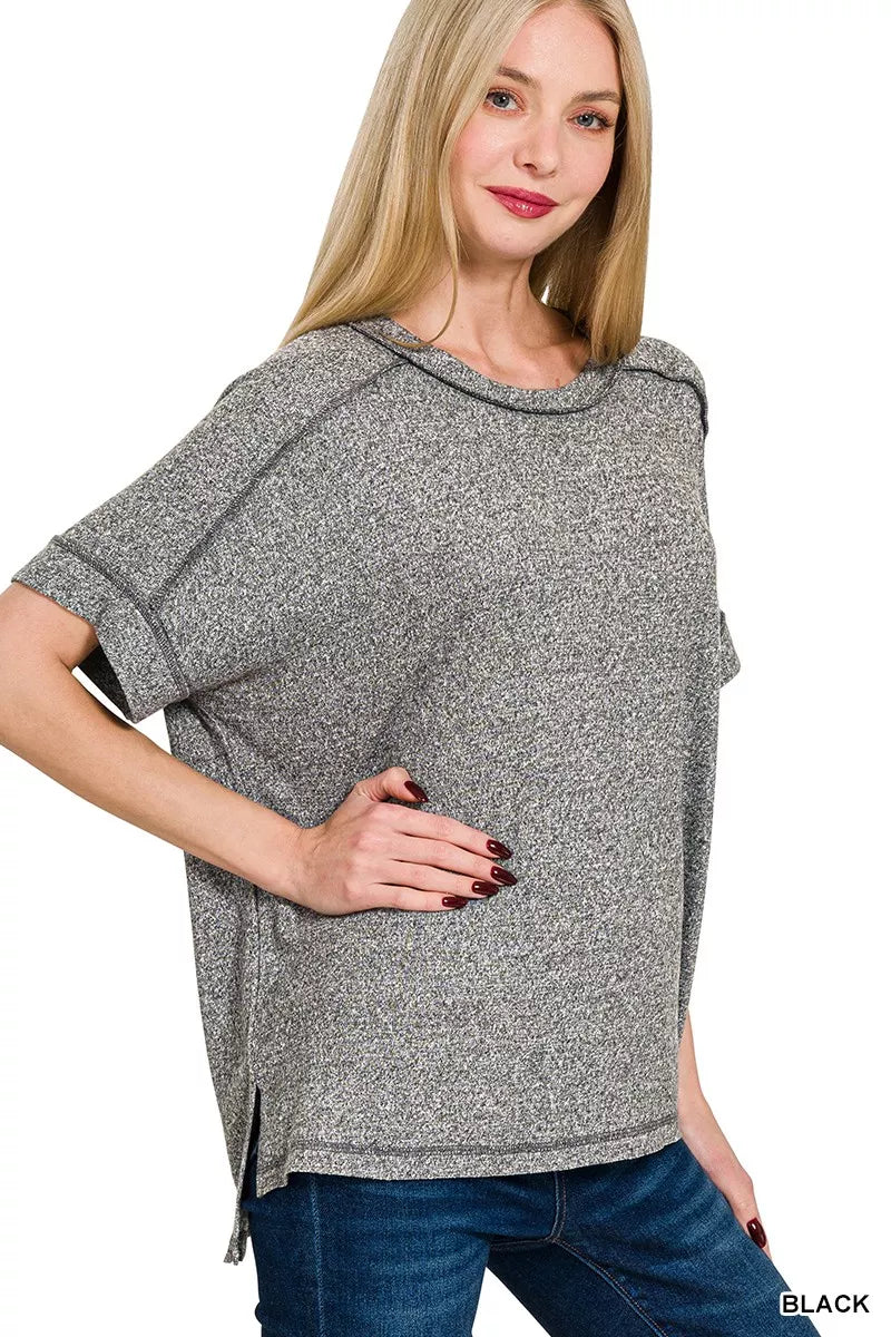 Zenana Full Size Soft Melange Hacci Short Sleeve Hi-low Tee Plus Size
