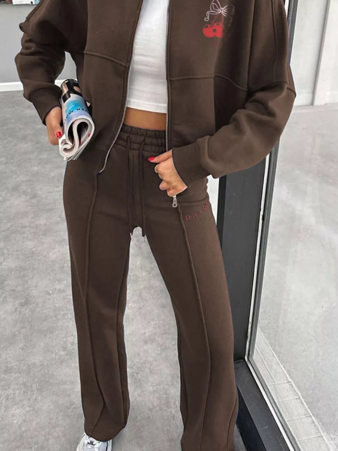 Zip Up Dropped Shoulder Outerwear and Pants Set
