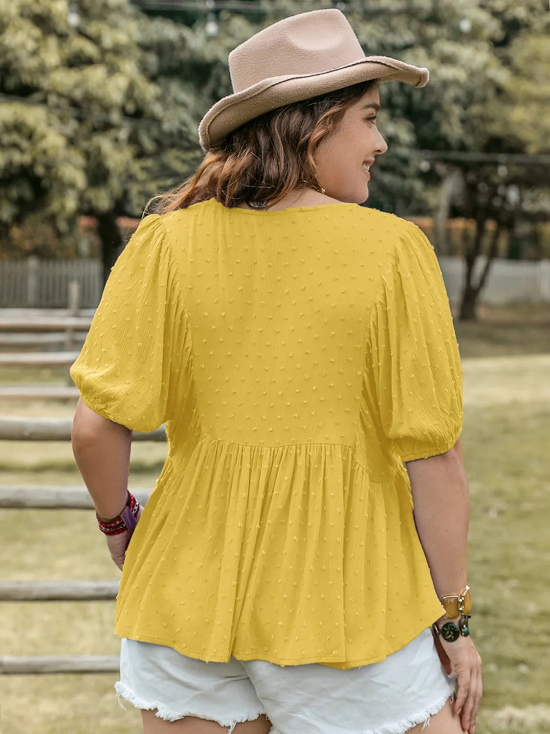 Swiss Dot Tie Neck Short Sleeve Blouse